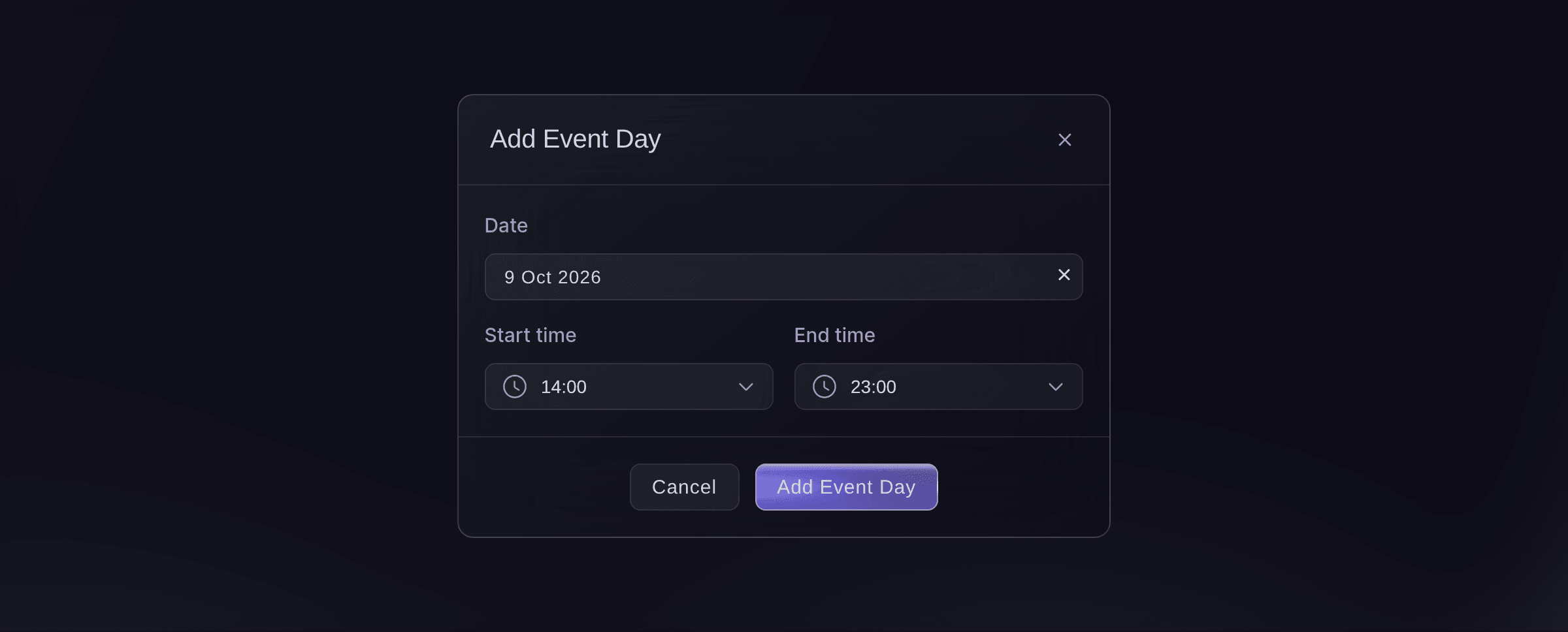 Ticket Fairy Add Event Day dialog with a date, a start time and an end time