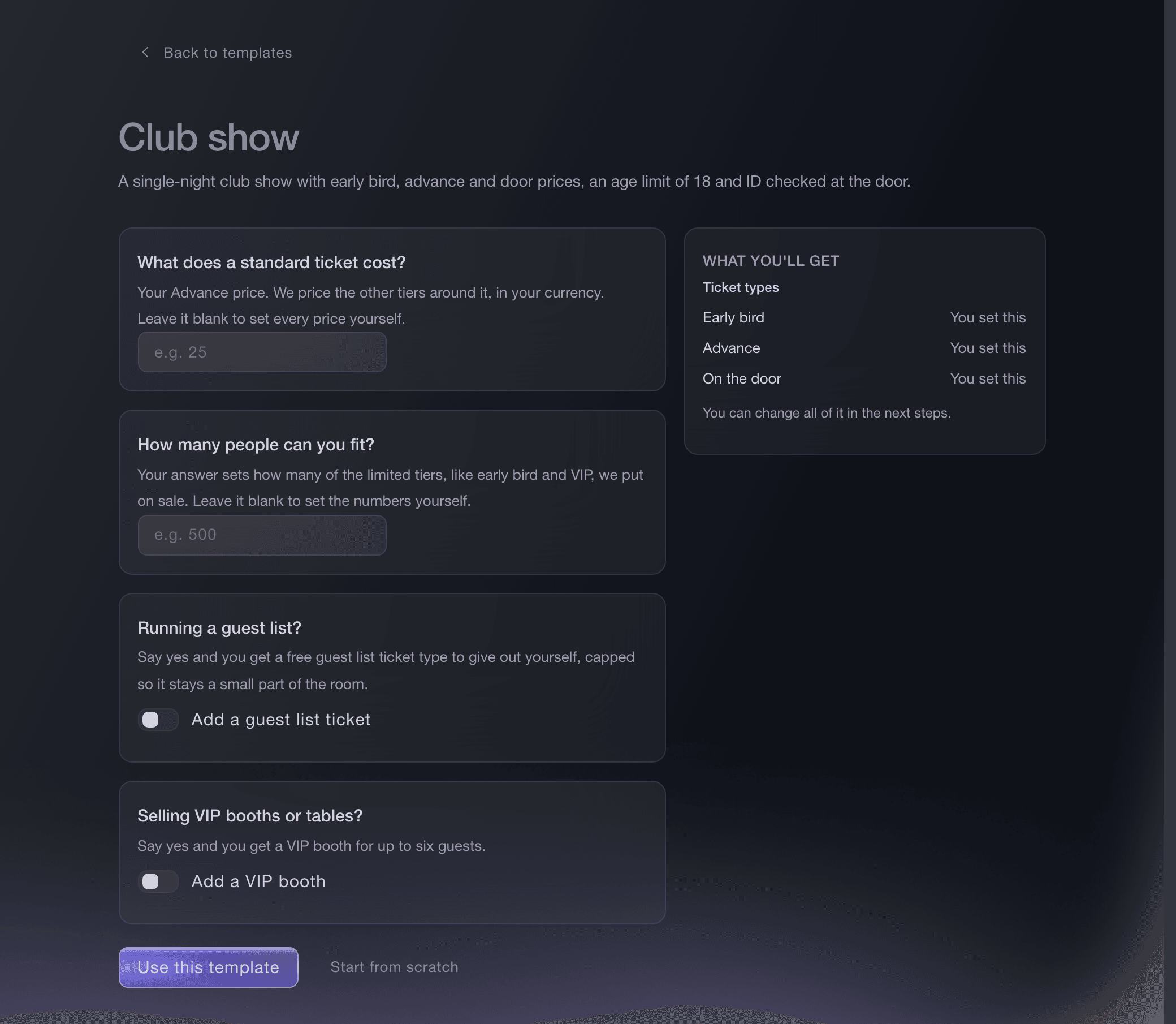 Ticket Fairy Club show template with guest list and VIP booth options available