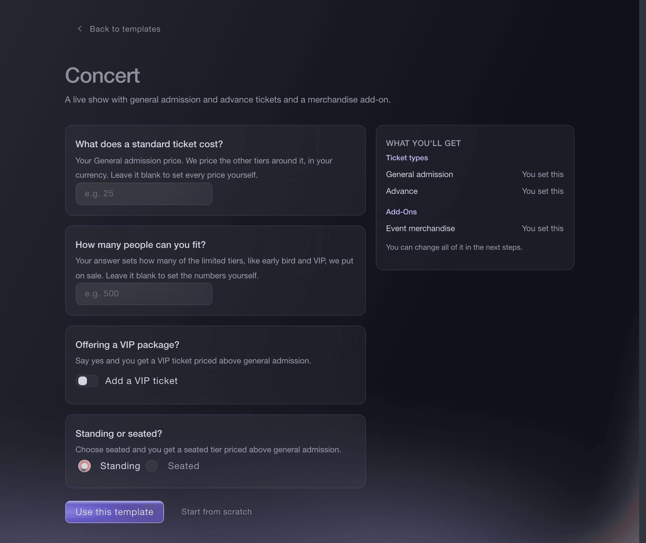 Ticket Fairy concert template questions and the ticket types and add-on they prepare