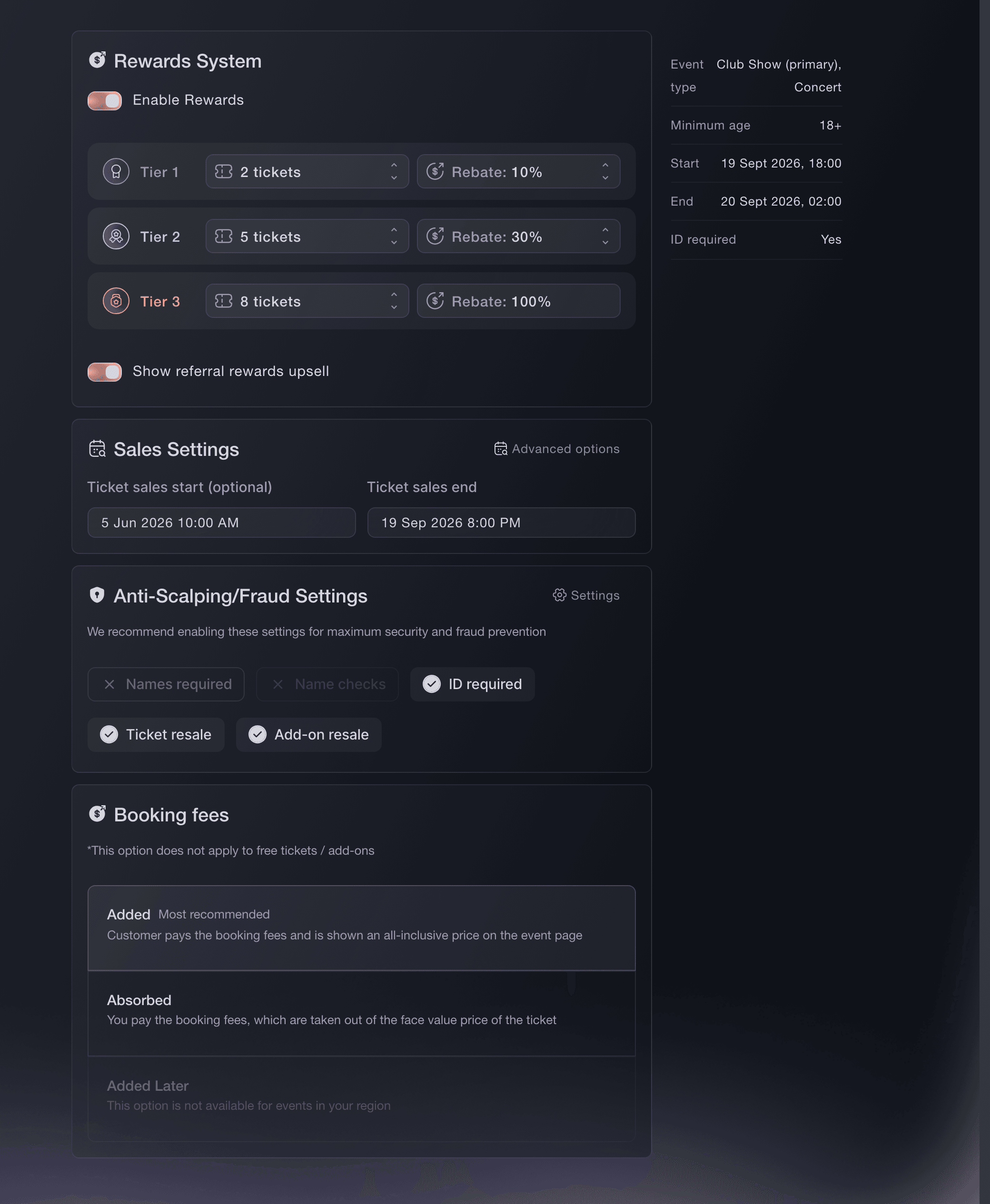 Ticket Fairy sales settings with referral rewards, sale dates, attendee checks, resale and booking fees