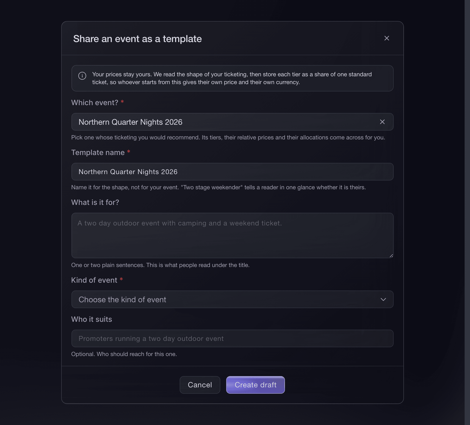 The Share an event as a template dialog in Ticket Fairy with an event selected