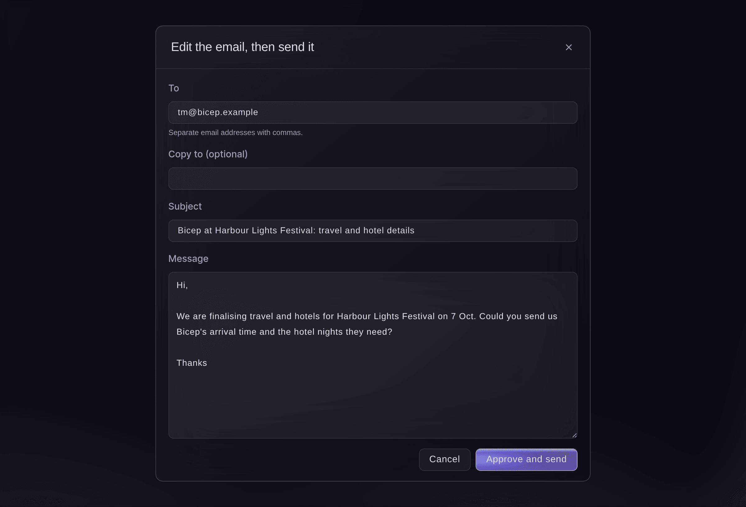 Ticket Fairy dialog for editing an email Fai drafted, with To, Copy to, Subject and Message fields and an Approve and send button