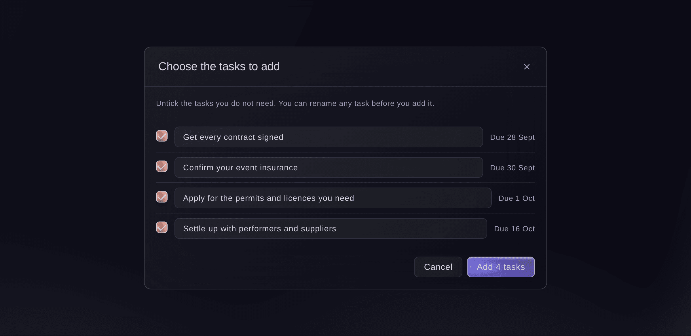 Ticket Fairy dialog listing the tasks of a readiness plan with a tick box, an editable name and a due date for each