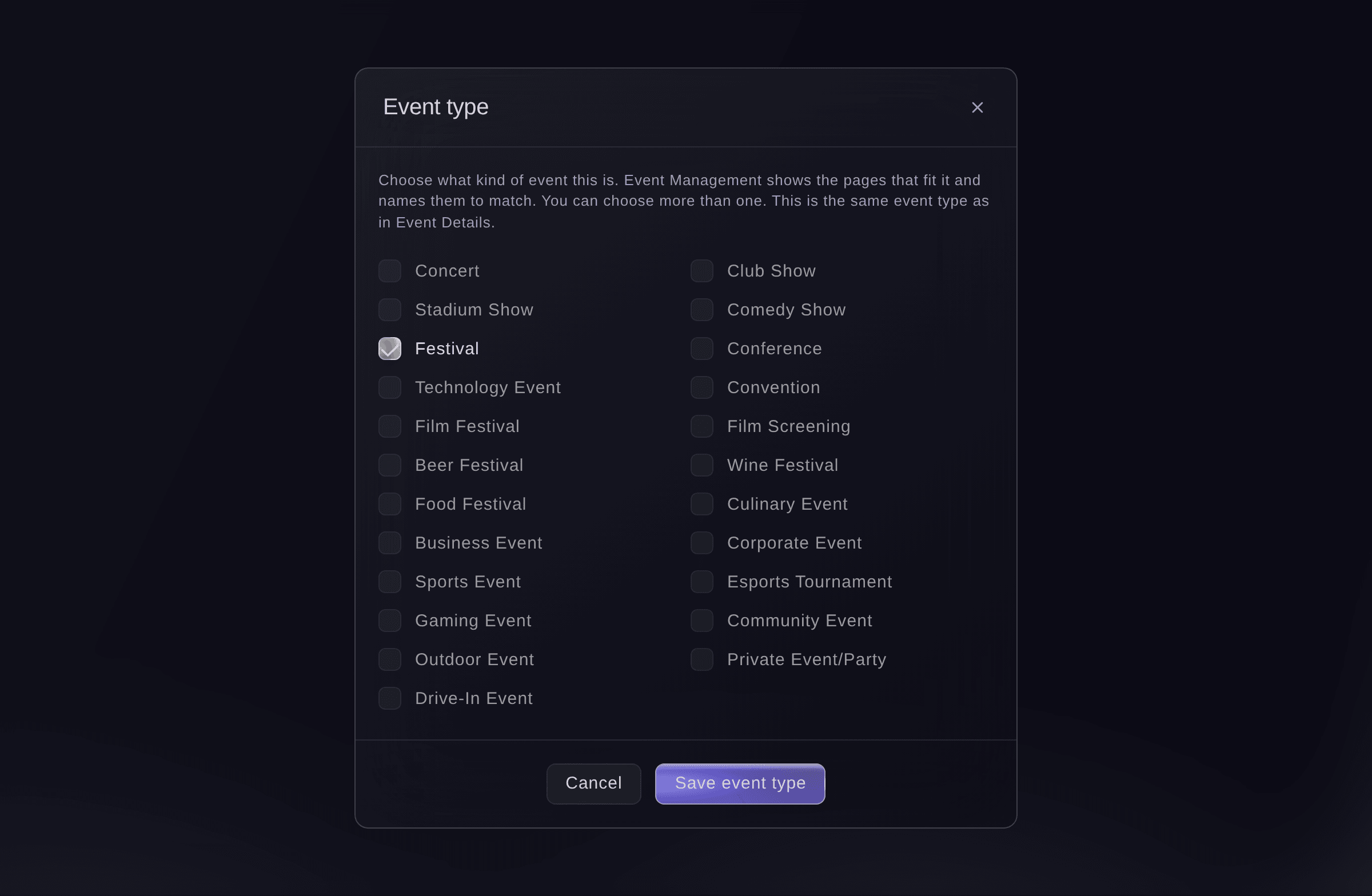Ticket Fairy event type dialog with a tick box for each kind of event and Festival ticked