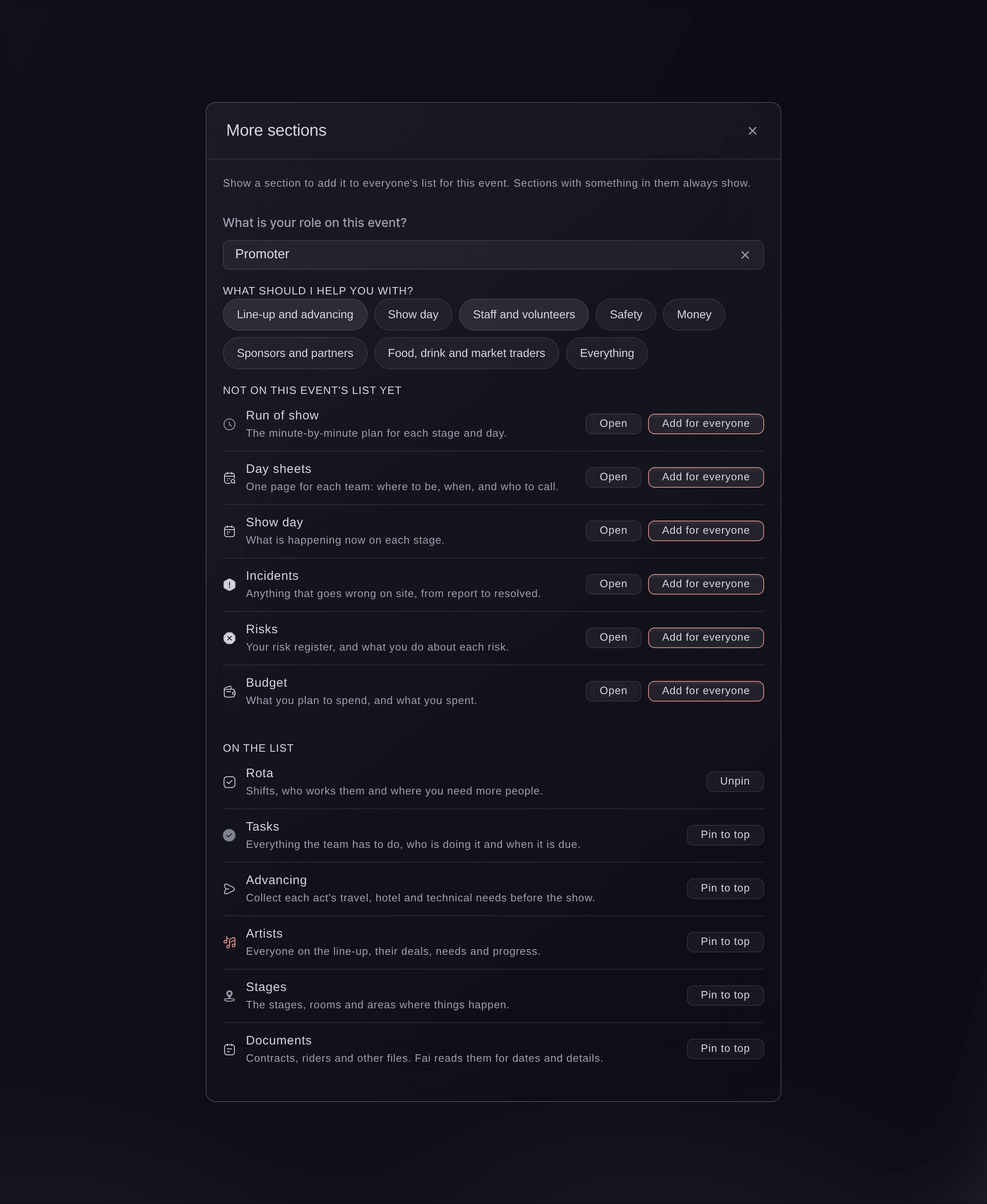 Ticket Fairy More sections dialog with your role, what Fai helps with, sections to add for everyone and sections to pin to the top of your list
