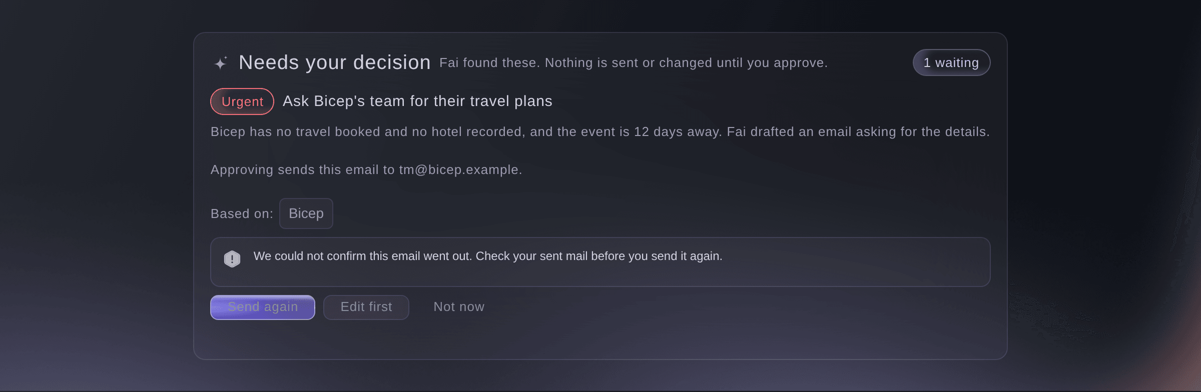 Ticket Fairy suggestion card with a warning that the email may not have gone out and a Send again button