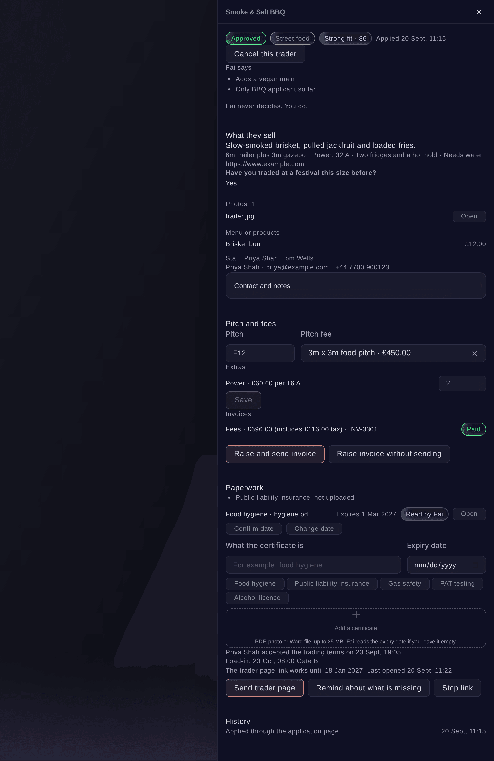 Ticket Fairy trader panel for an approved trader on pitch F12, with the paid invoice, the trading terms accepted, a load-in time booked and an insurance certificate still missing