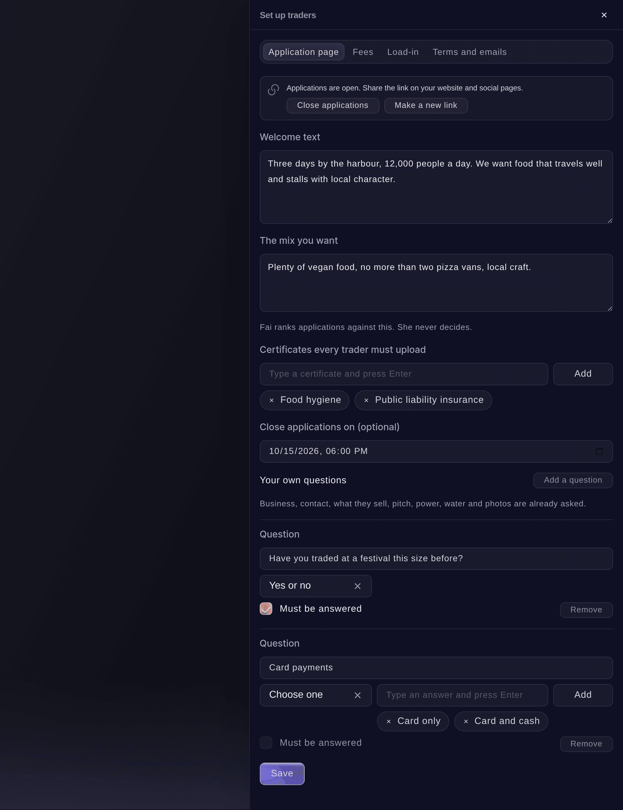 Ticket Fairy Set up traders panel on the Application page part, with the welcome text, the mix you want, required certificates and your own questions
