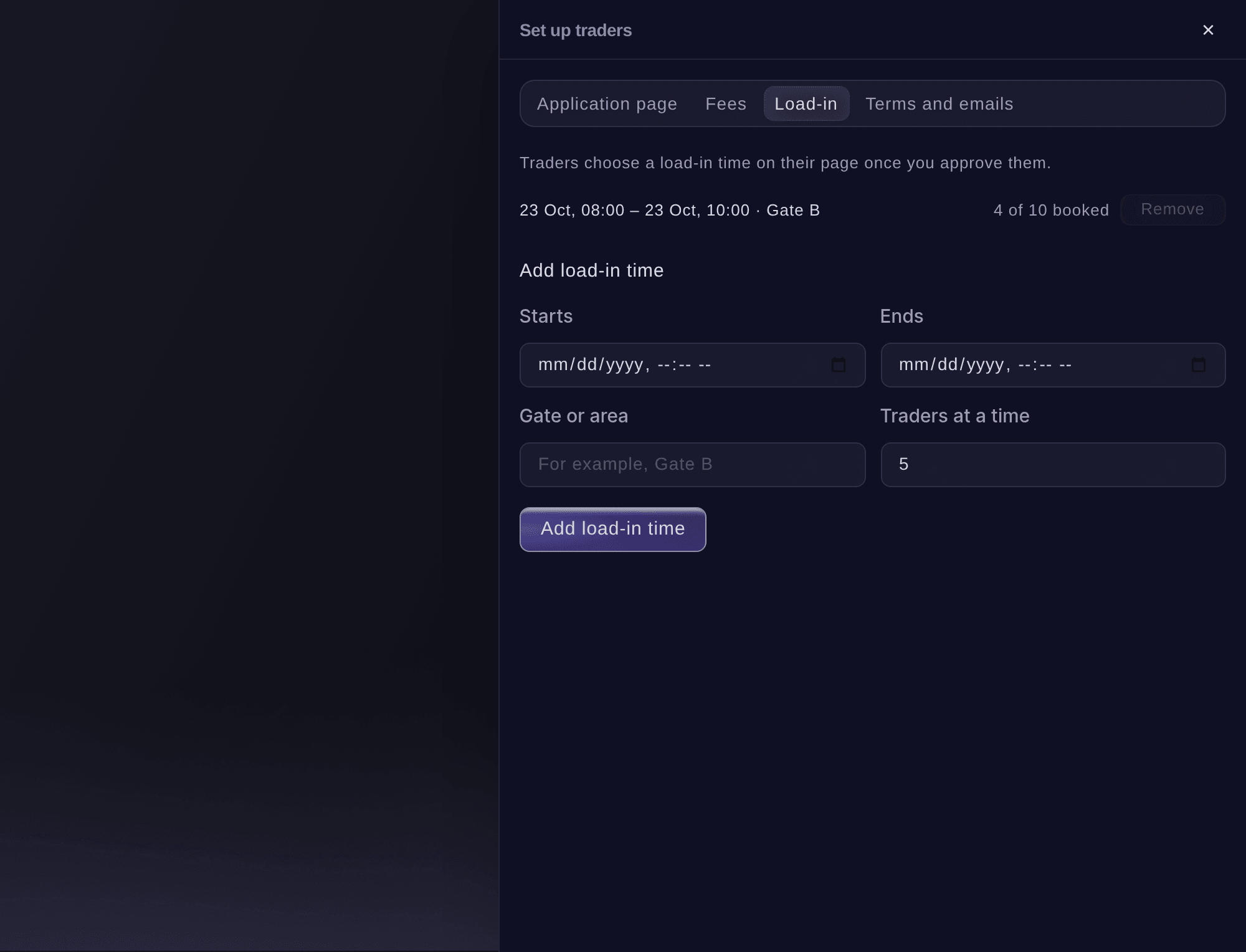 Ticket Fairy Set up traders panel on Load-in, listing load-in times by gate with how many traders are booked on each