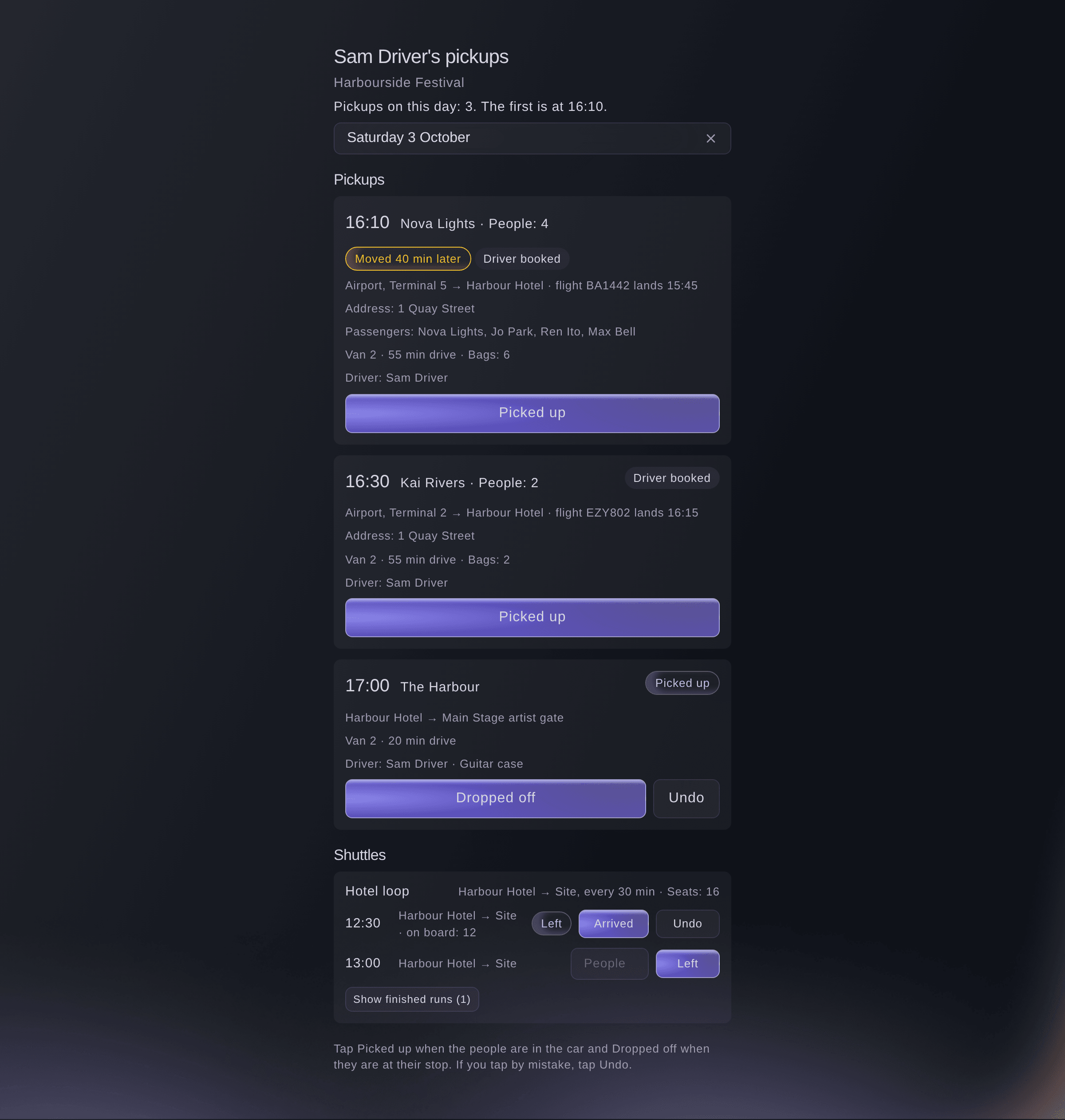 Ticket Fairy page a driver opens on their phone, with the day's pickups, the passengers, bags, vehicle and drop-off address for each, and Picked up and Dropped off buttons