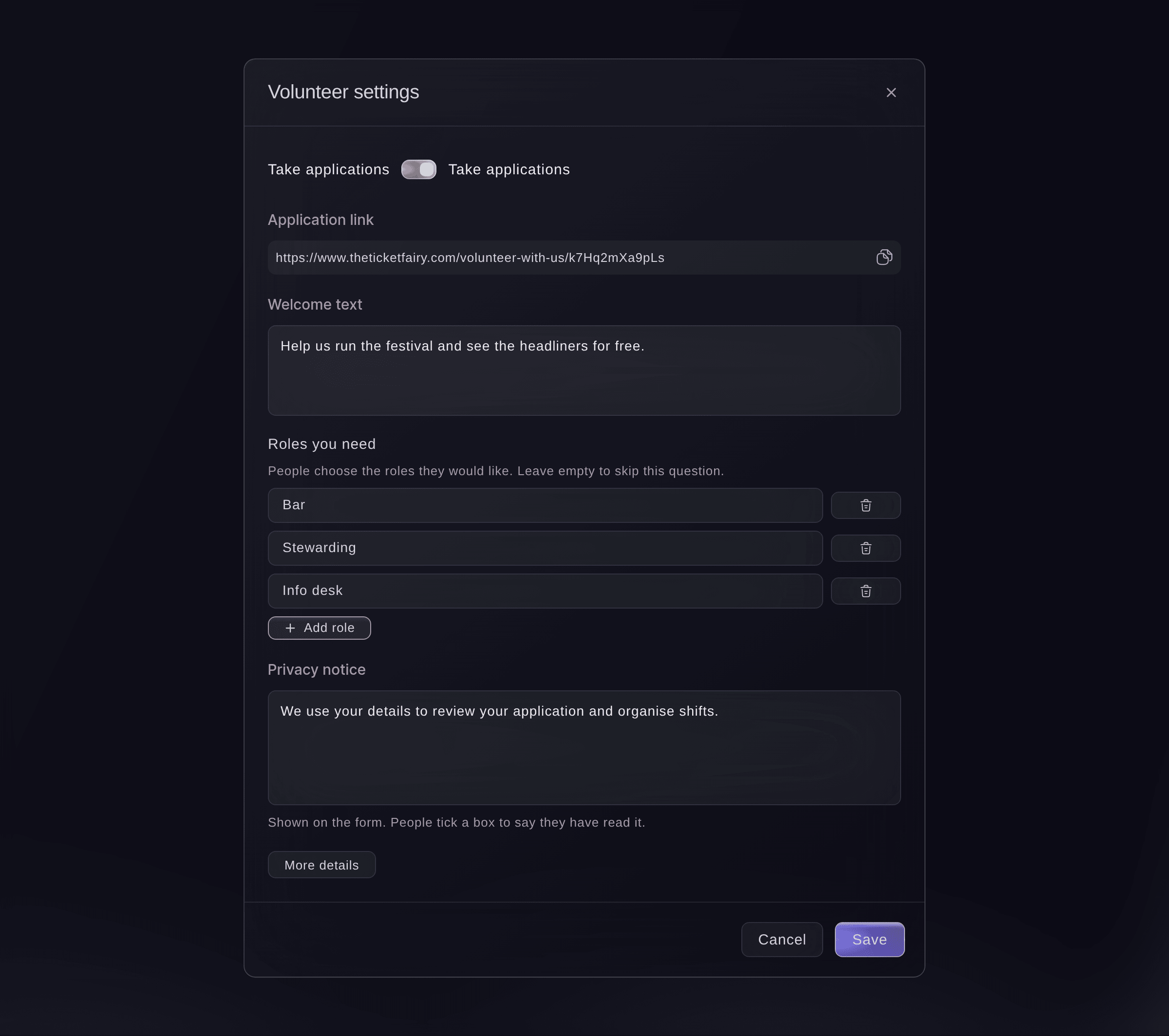 Ticket Fairy Volunteer settings with Take applications turned on, the application link, welcome text, roles, your own questions and the privacy notice