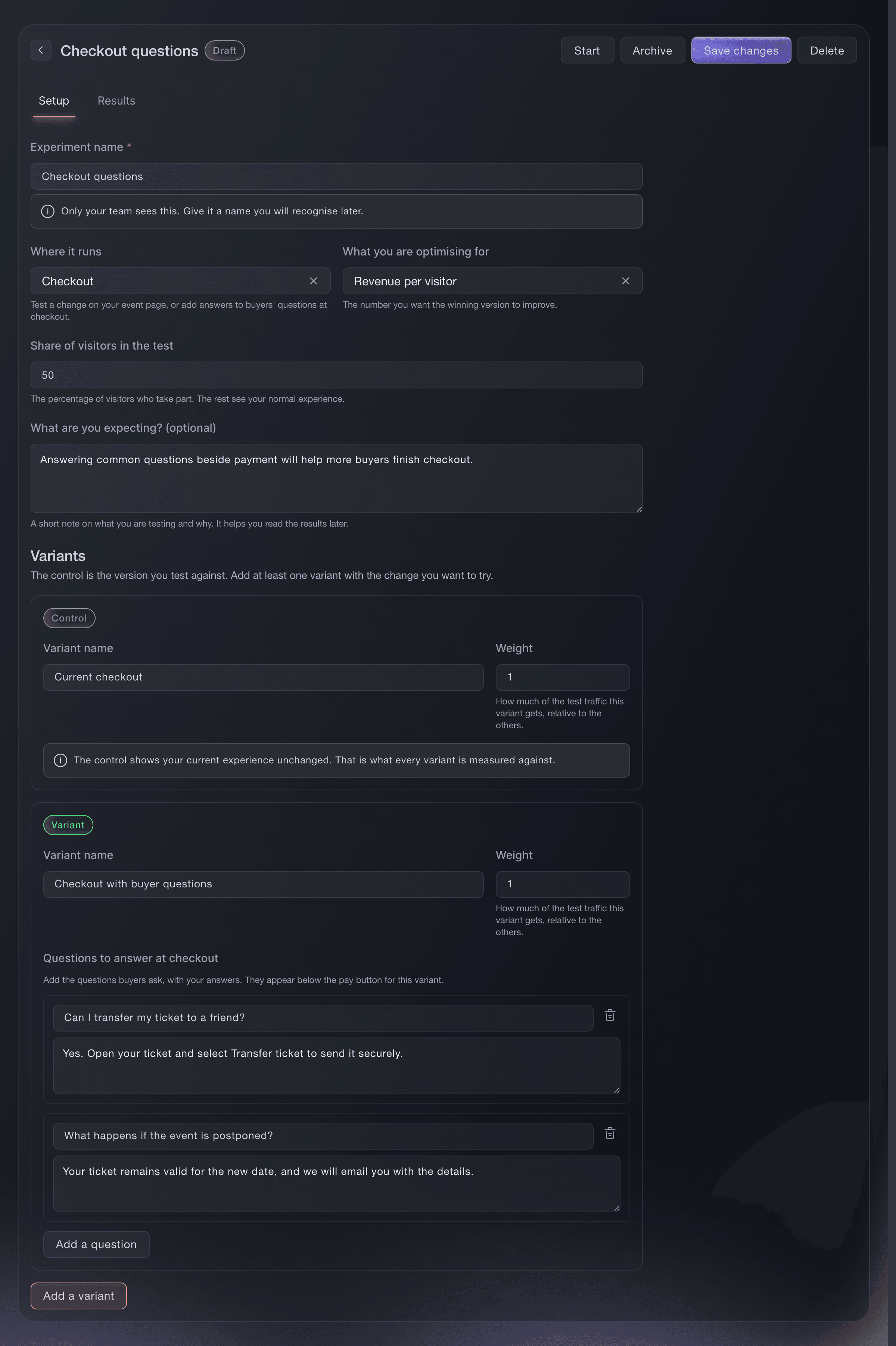 Ticket Fairy experiment editor comparing checkout questions and answers