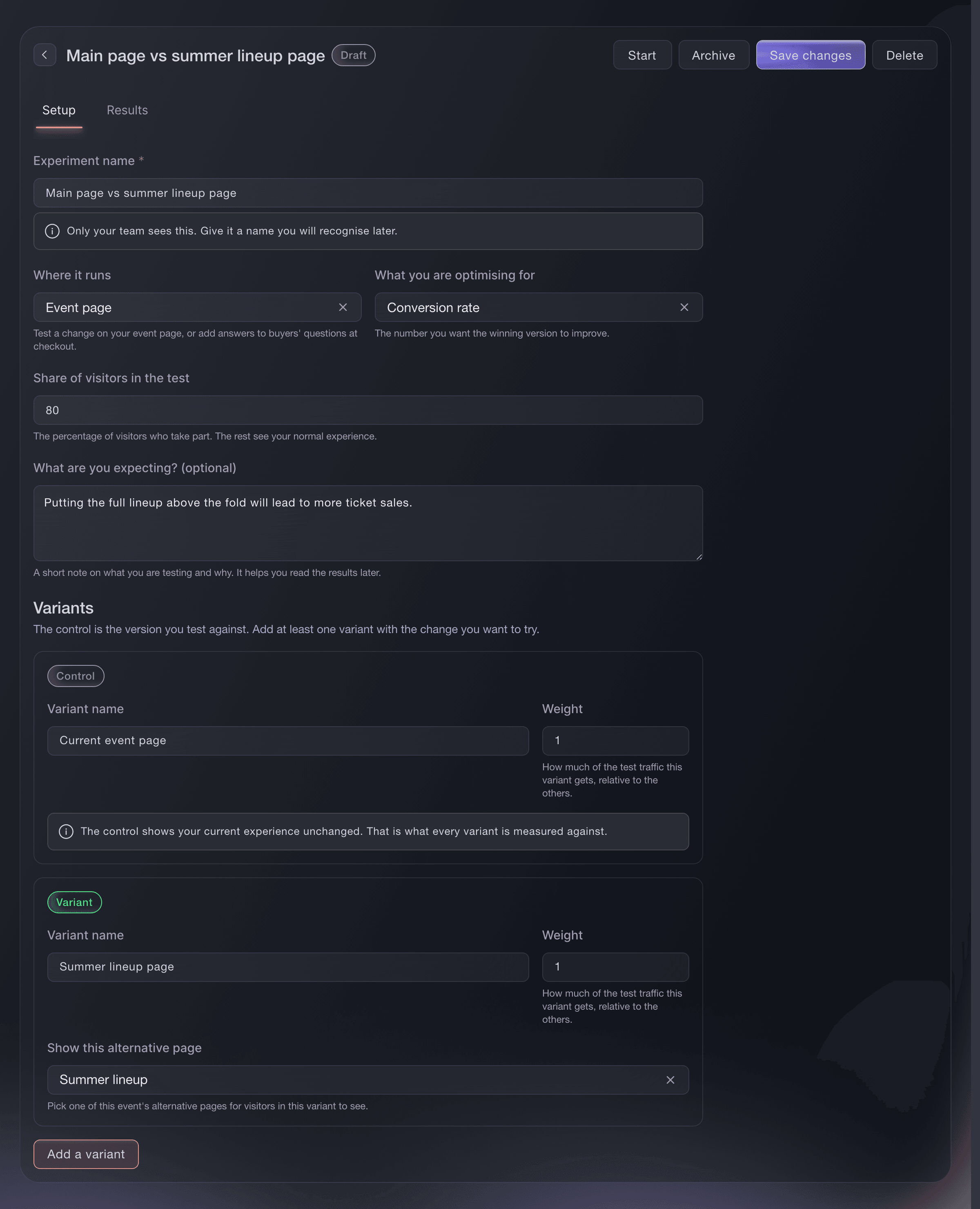 Ticket Fairy experiment editor set to compare two event pages by conversion rate