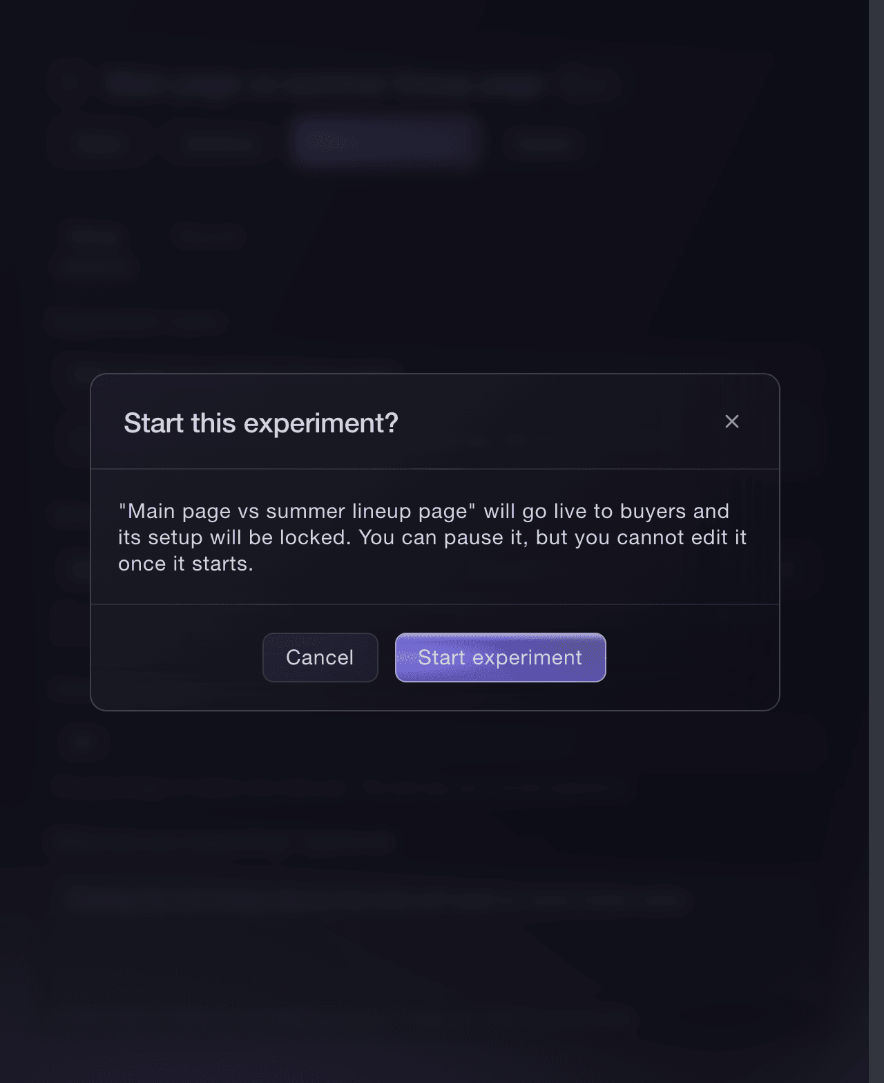 Ticket Fairy confirmation shown before an experiment starts and its setup is locked