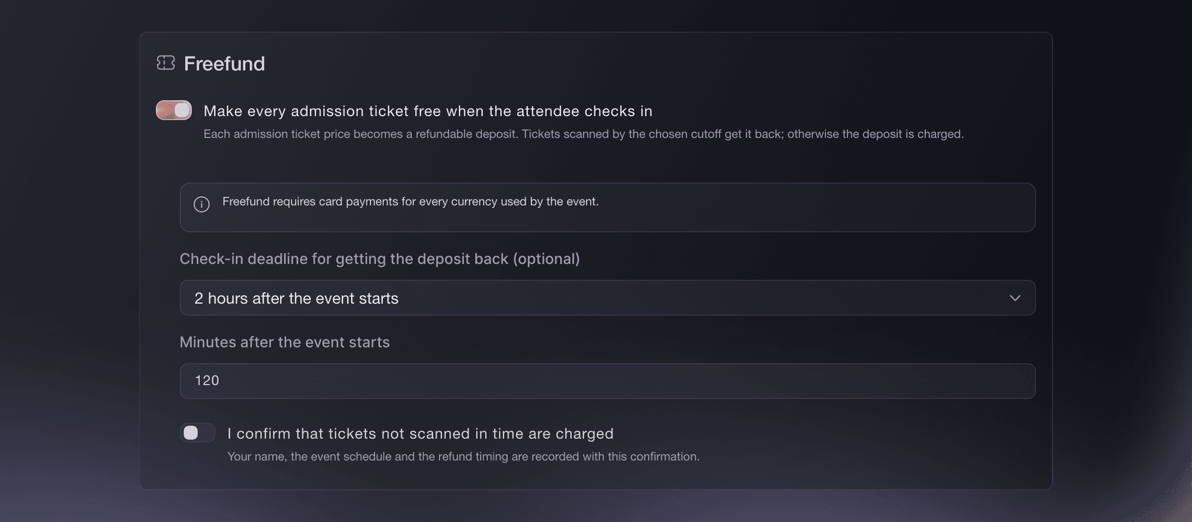 Ticket Fairy Freefund event setting with its check-in cutoff and confirmation together