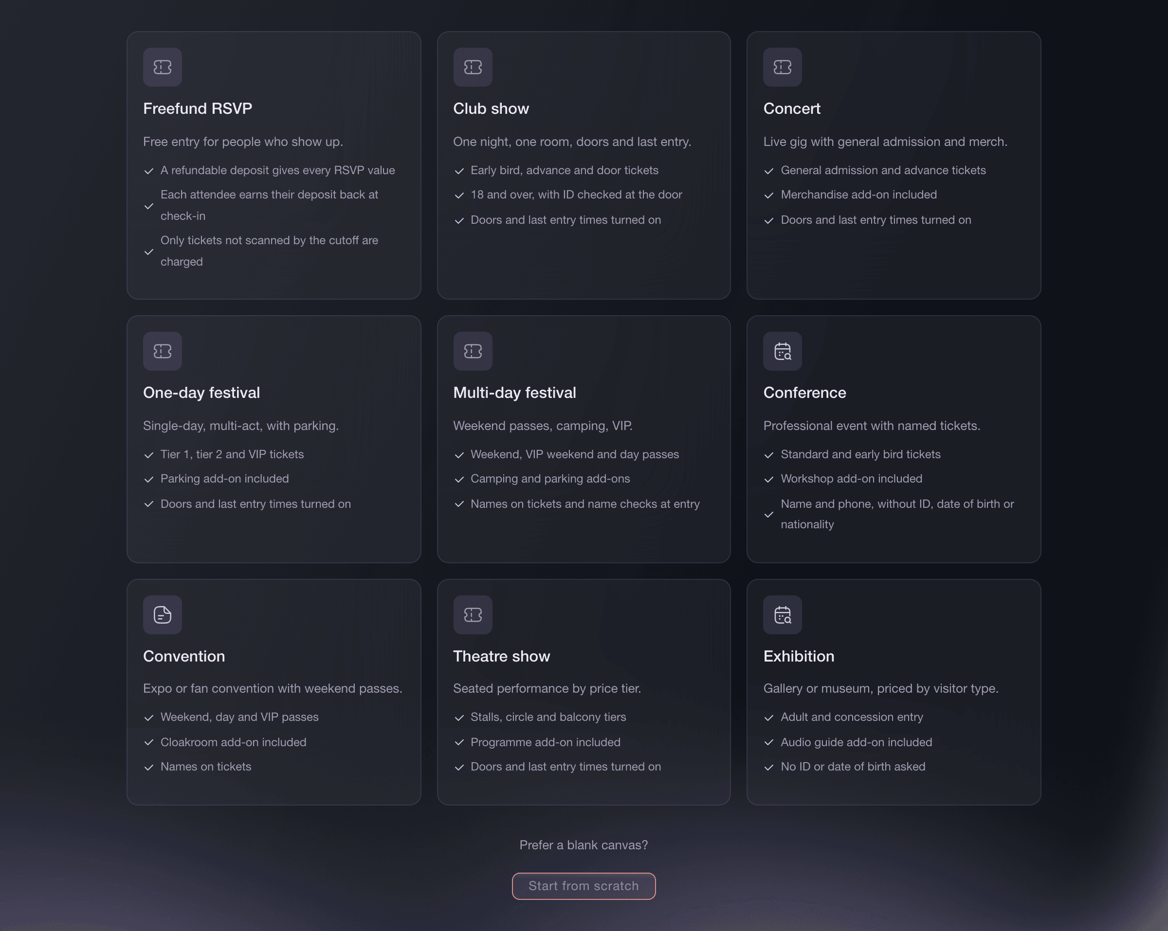 Ticket Fairy event template gallery with the Freefund RSVP template first