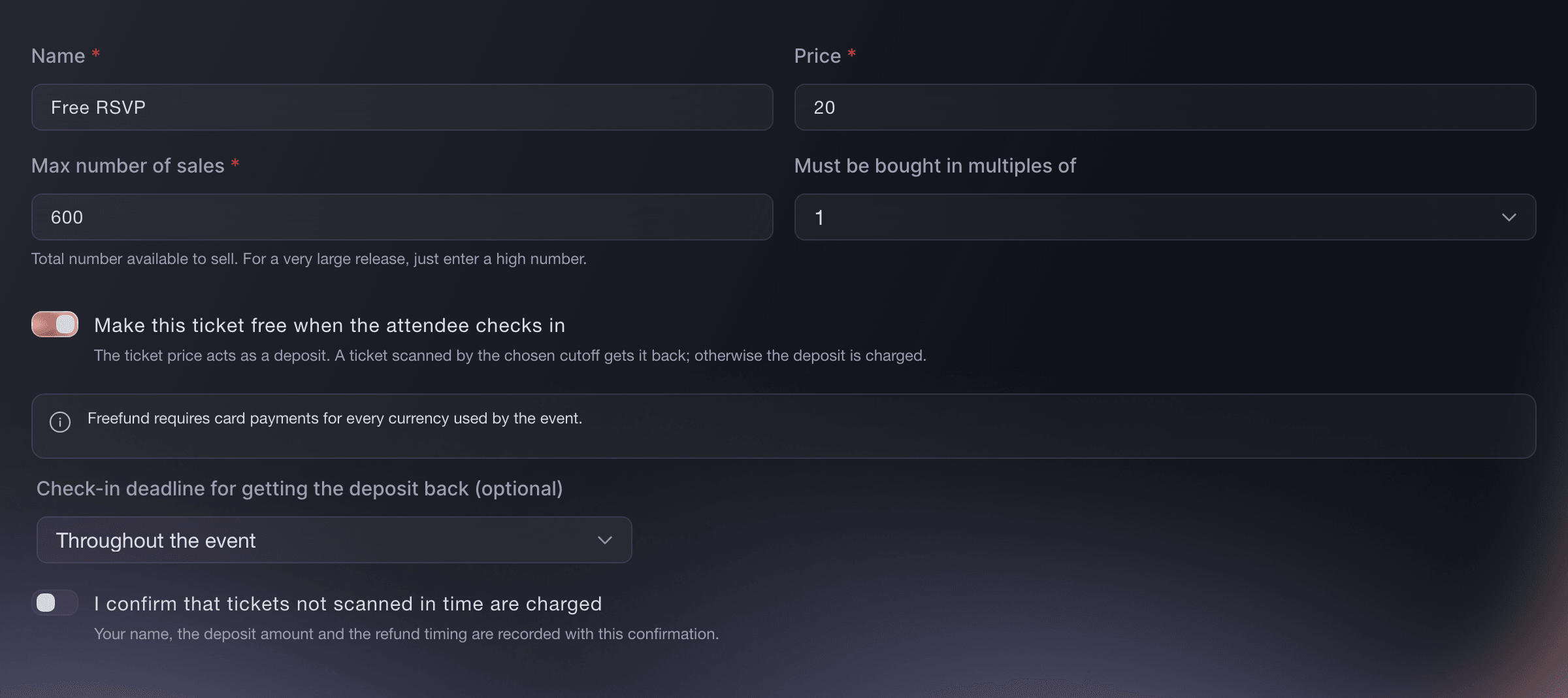 Ticket Fairy ticket editor with a refundable deposit and Freefund enabled