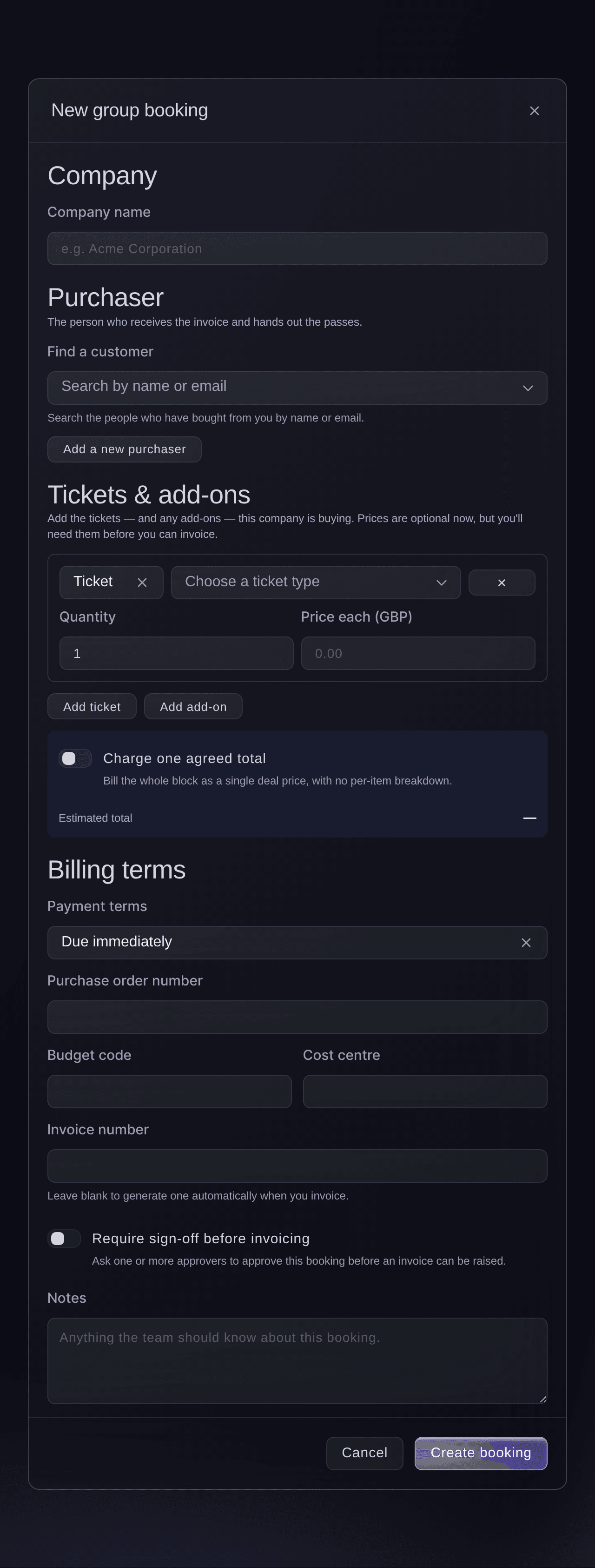 Ticket Fairy-formularen Ny gruppebooking med virksomhedsnavnet, sektionen K&oslash;ber med kundes&oslash;gning, linjerne med billetter og tilvalg og betalingsbetingelserne