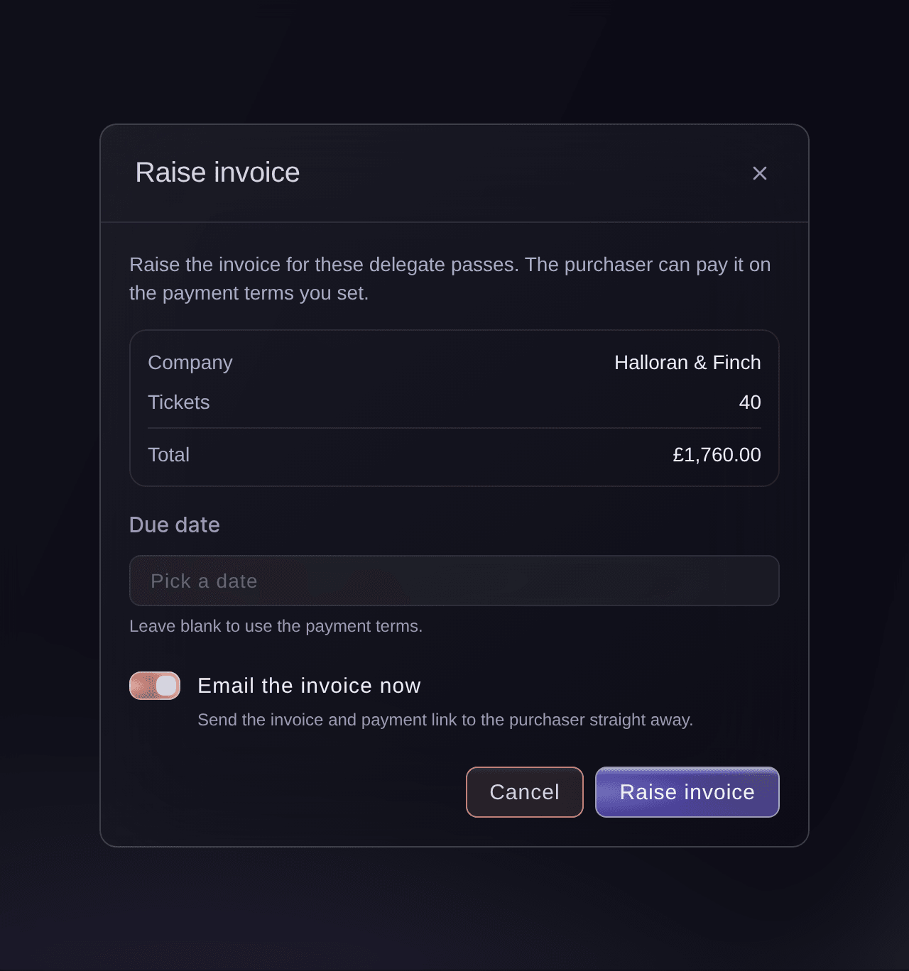 Ticket Fairy Raise invoice dialog with the company, tickets and total, the Due date field and Email the invoice now turned on