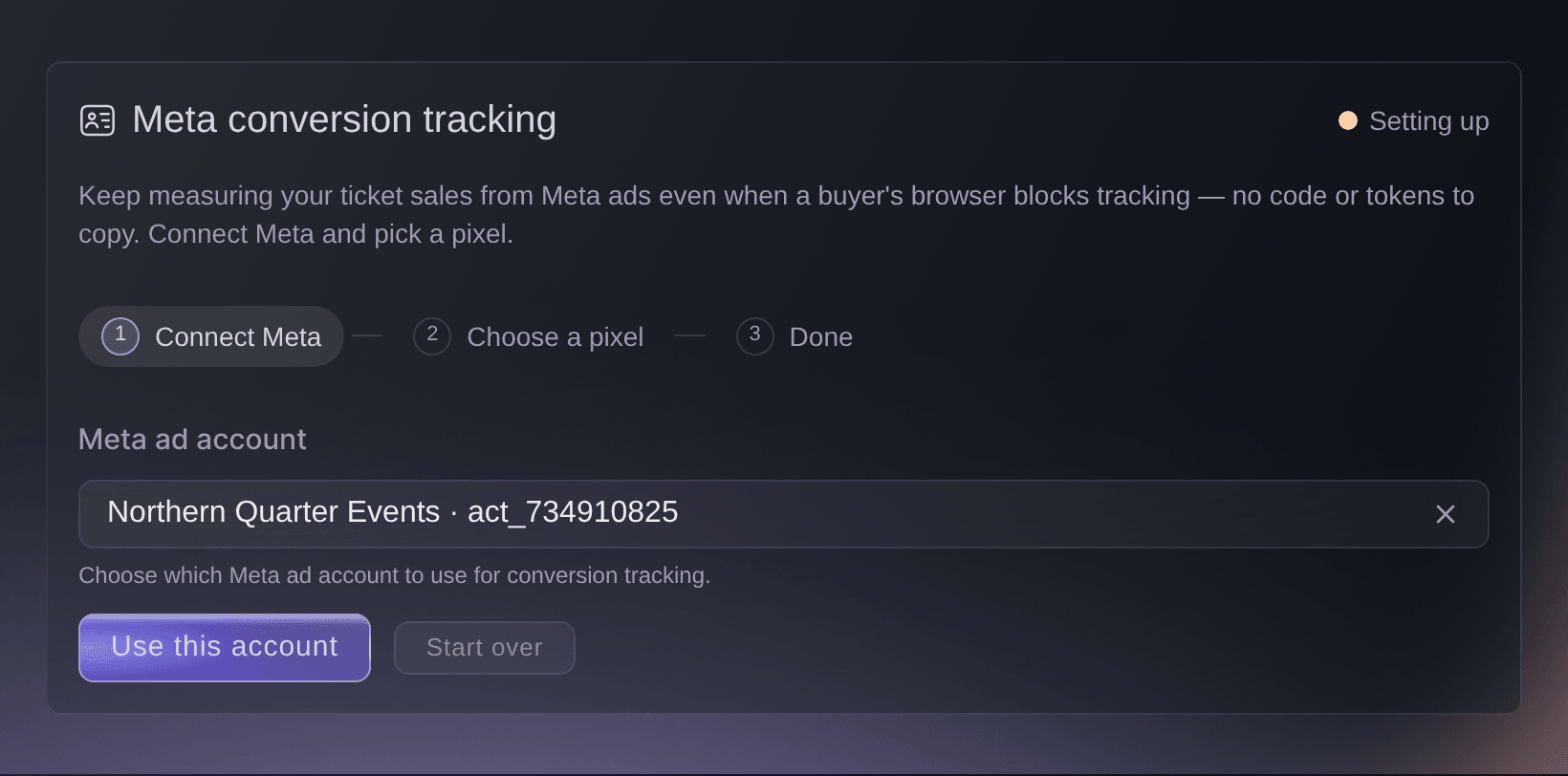 The Meta conversion tracking card in Ticket Fairy with an ad account selected