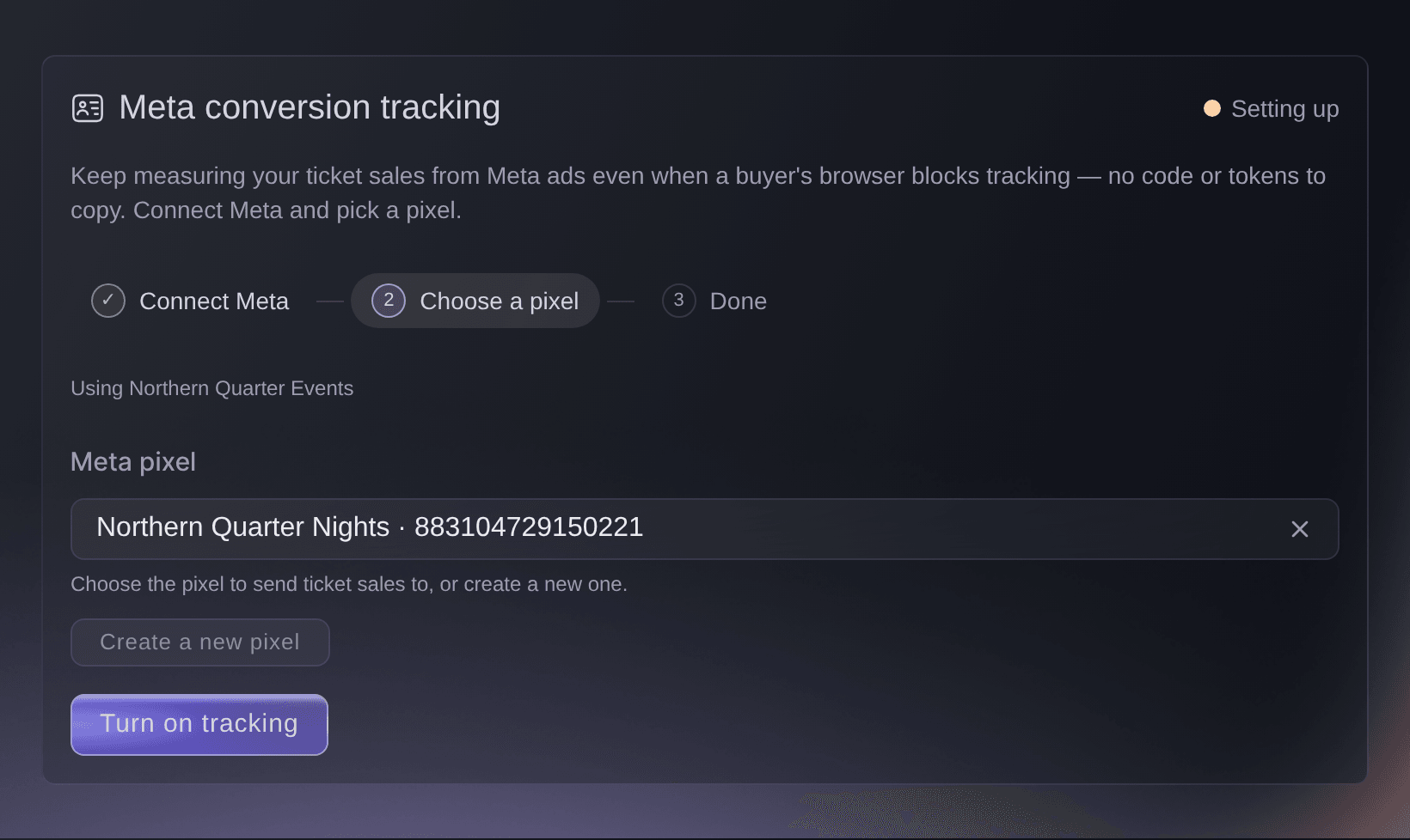 The Meta conversion tracking card in Ticket Fairy with an ad account connected and a pixel selected