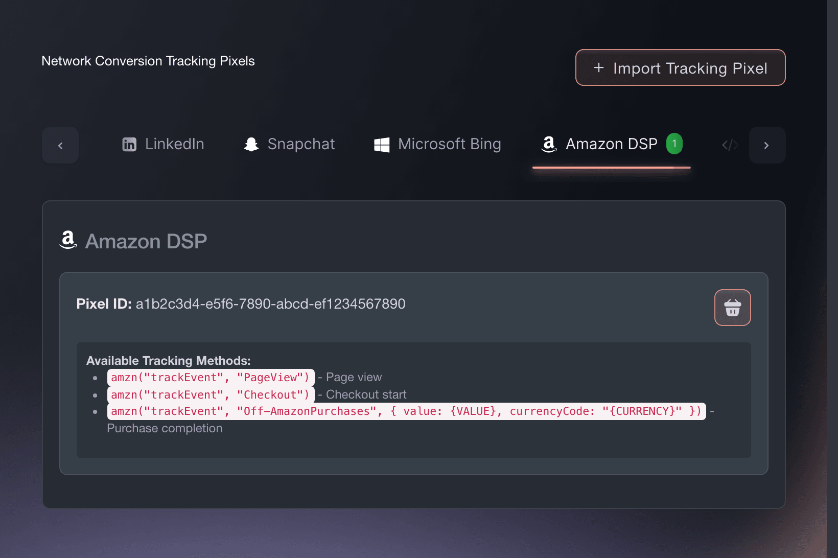 The Amazon DSP tab of Network Conversion Tracking Pixels in Ticket Fairy, showing the pixel ID and the tracking calls it fires