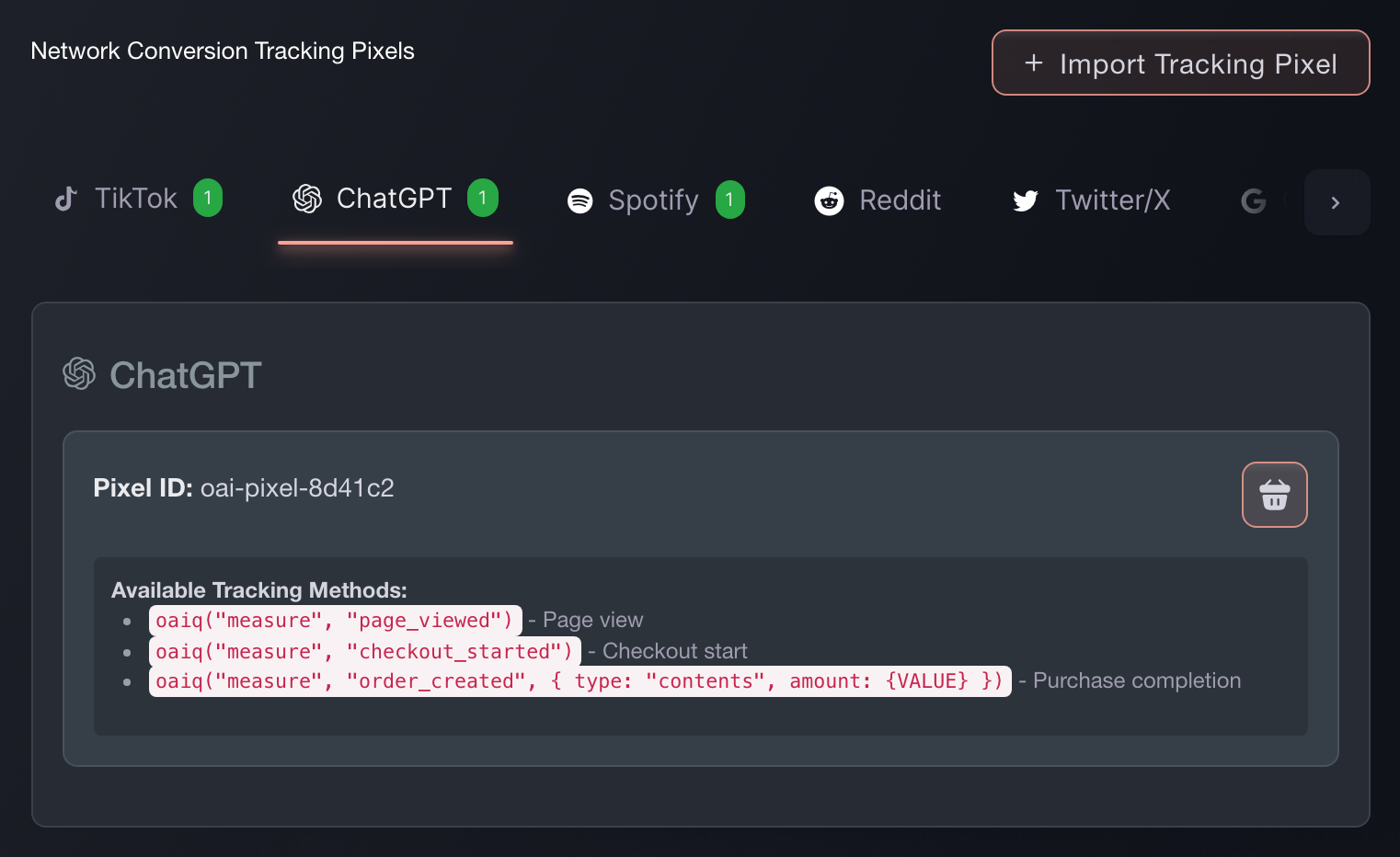 The ChatGPT tab of Network Conversion Tracking Pixels in Ticket Fairy, showing the pixel ID and the tracking calls it fires