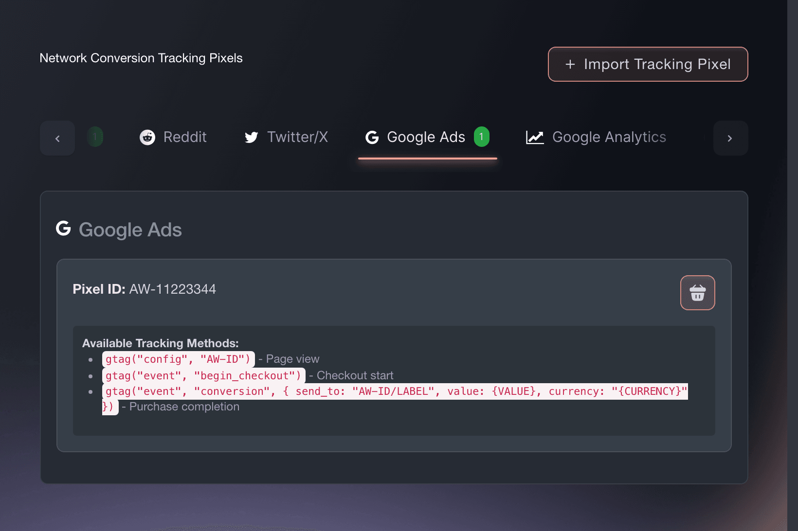 The Google Ads tab of Network Conversion Tracking Pixels in Ticket Fairy, showing the pixel ID and the tracking calls it fires