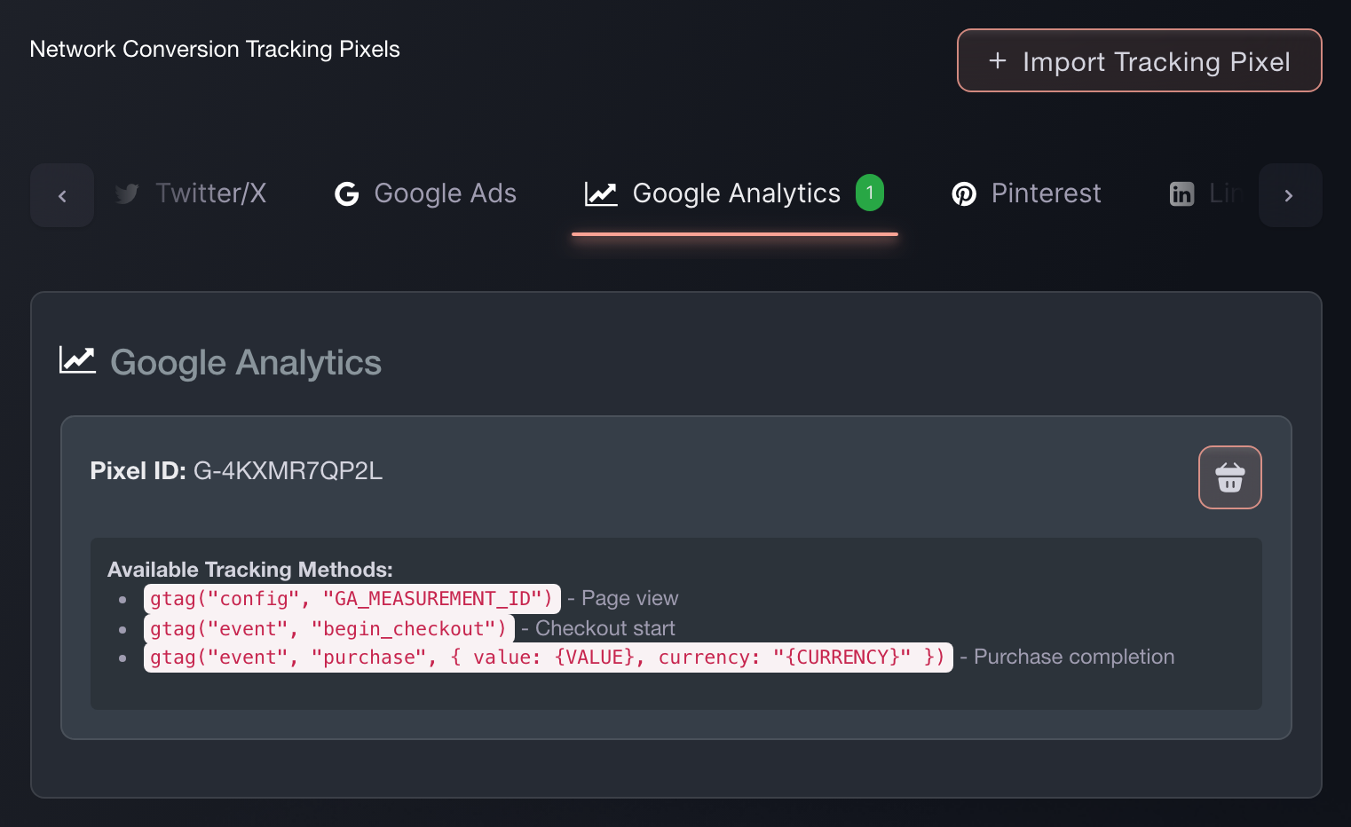 The Google Analytics tab of Network Conversion Tracking Pixels in Ticket Fairy, showing the pixel ID and the tracking calls it fires