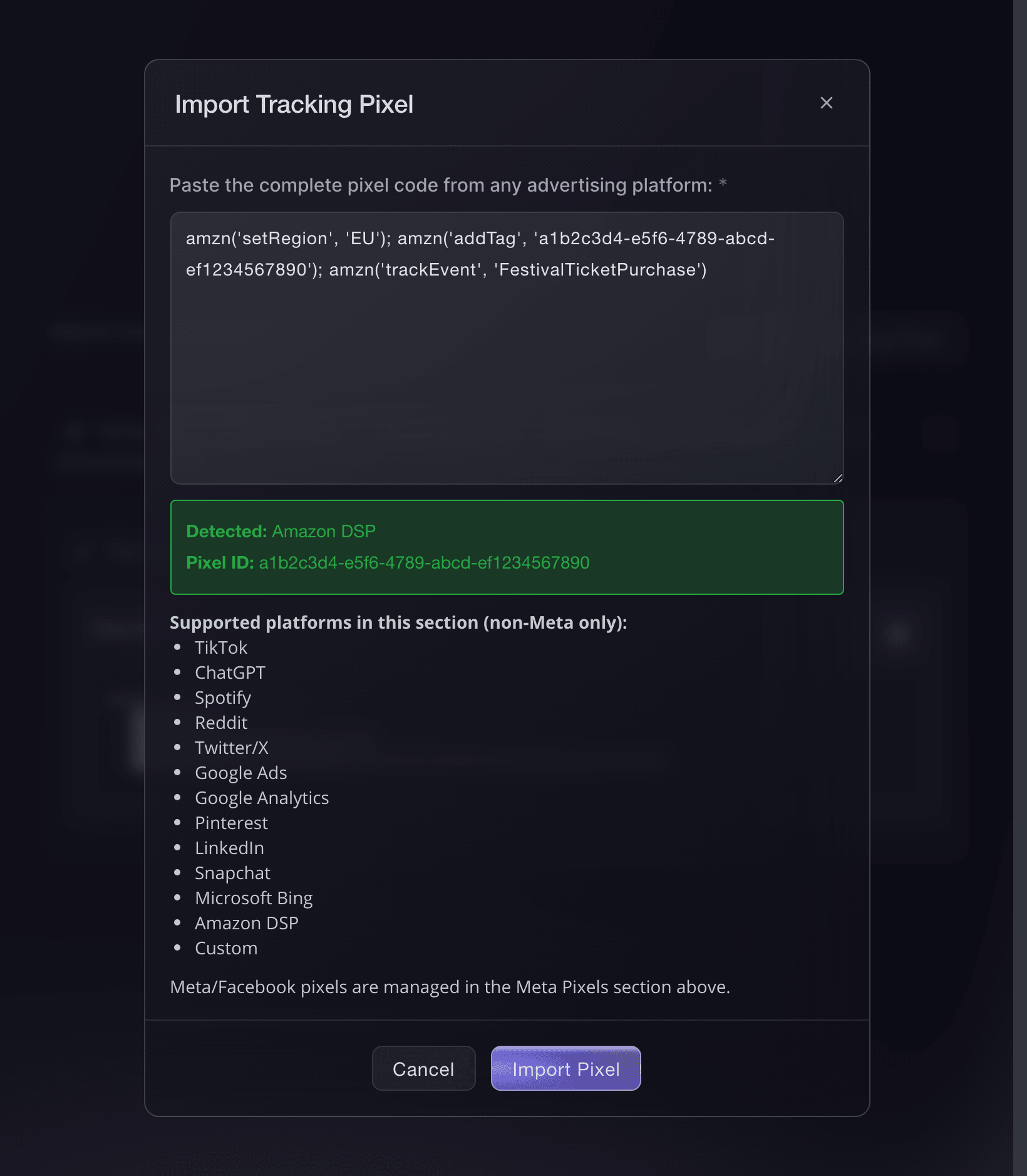 The Import Tracking Pixel dialog in Ticket Fairy after it detects Amazon DSP and its pixel ID