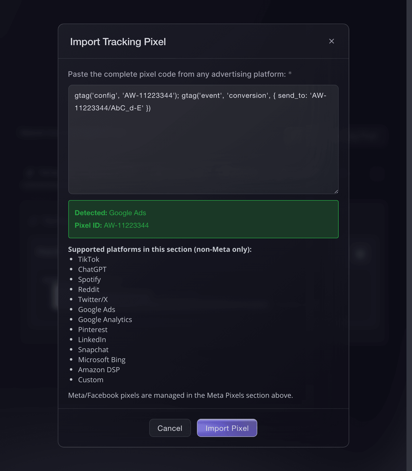 The Import Tracking Pixel dialog in Ticket Fairy after it detects Google Ads and its pixel ID