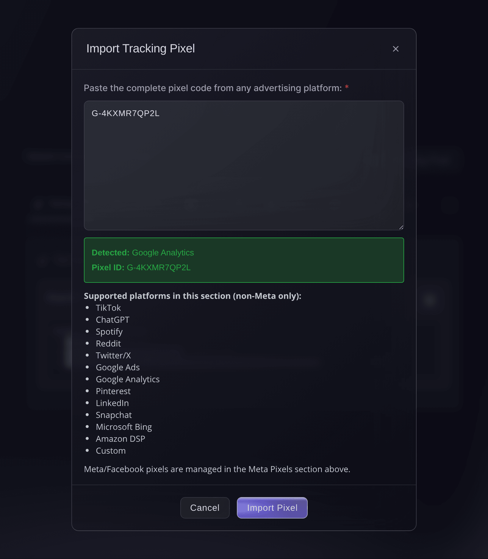 The Import Tracking Pixel dialog in Ticket Fairy after it detects Google Analytics and keeps the complete G- measurement ID