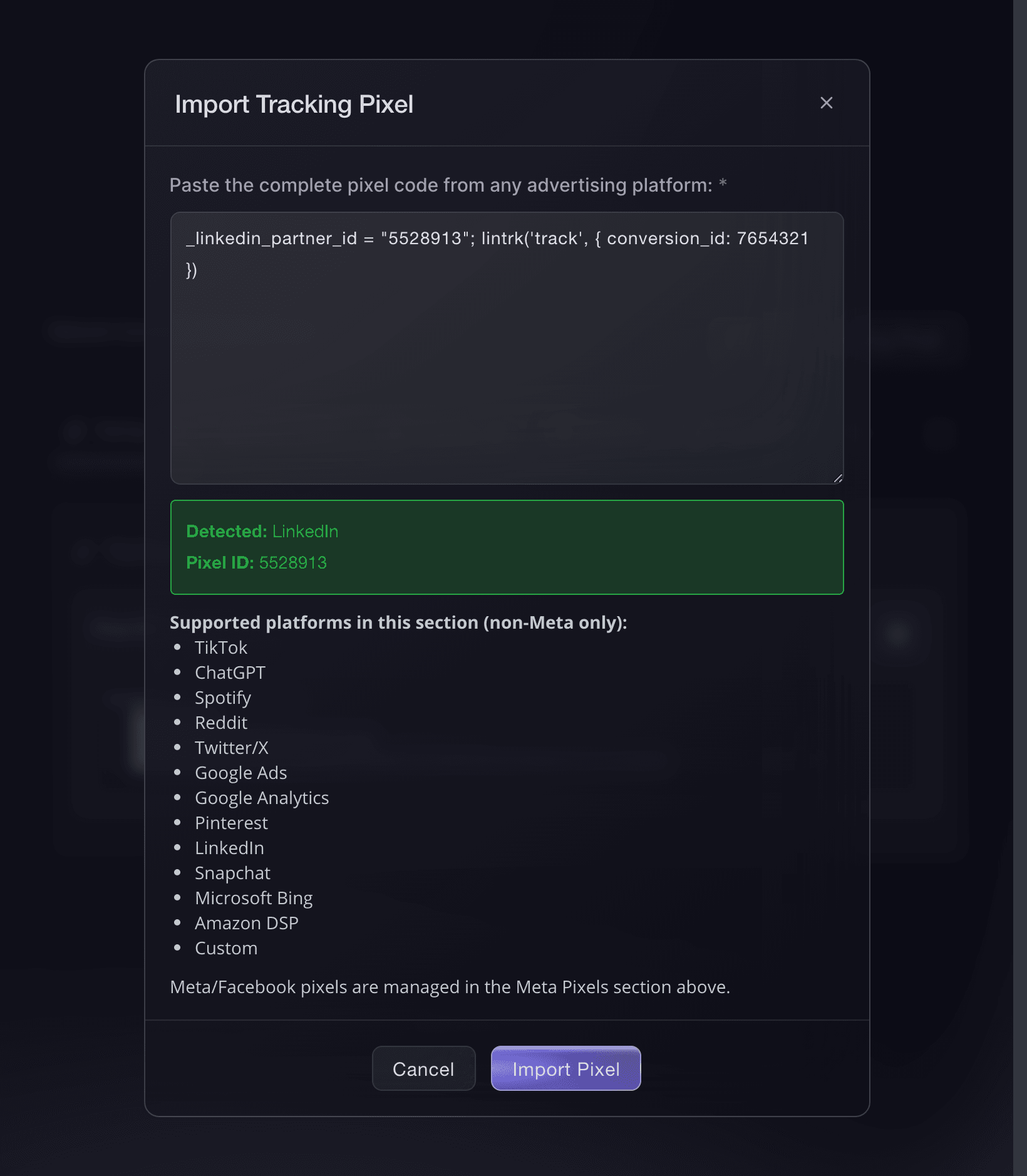 The Import Tracking Pixel dialog in Ticket Fairy after it detects LinkedIn and its pixel ID
