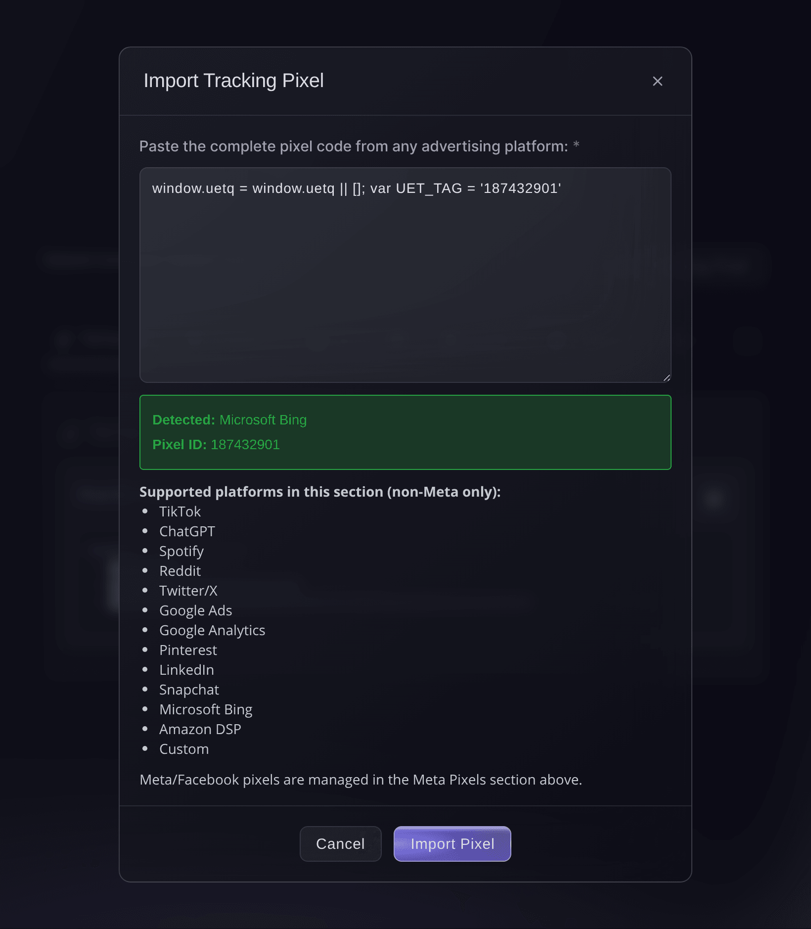 The Import Tracking Pixel dialog in Ticket Fairy after it detects Microsoft Bing and its pixel ID
