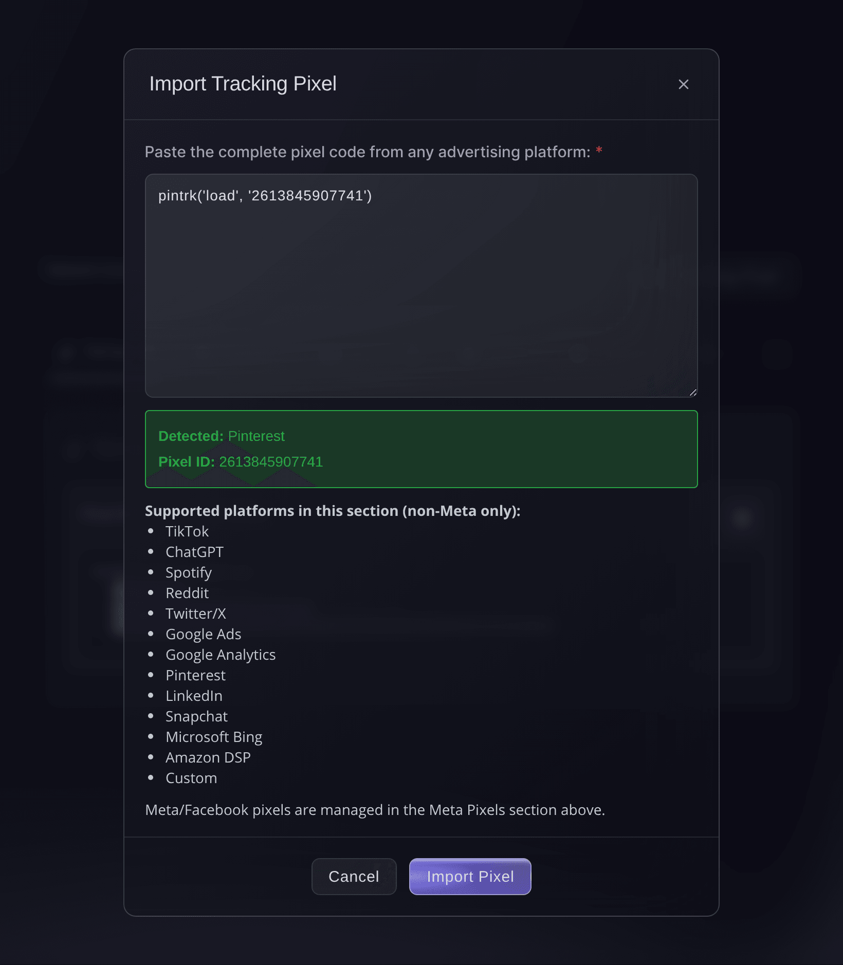 The Import Tracking Pixel dialog in Ticket Fairy after it detects Pinterest and its pixel ID