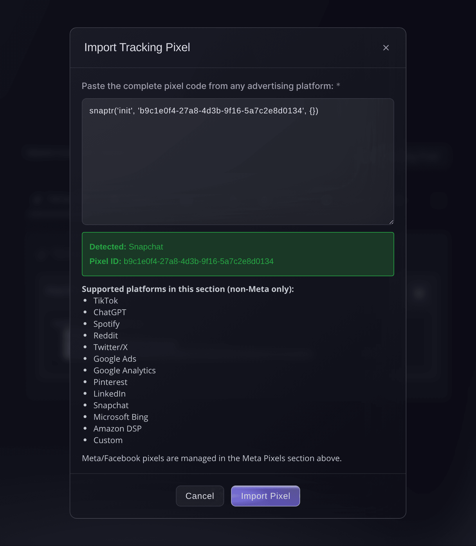 The Import Tracking Pixel dialog in Ticket Fairy after it detects Snapchat and its pixel ID