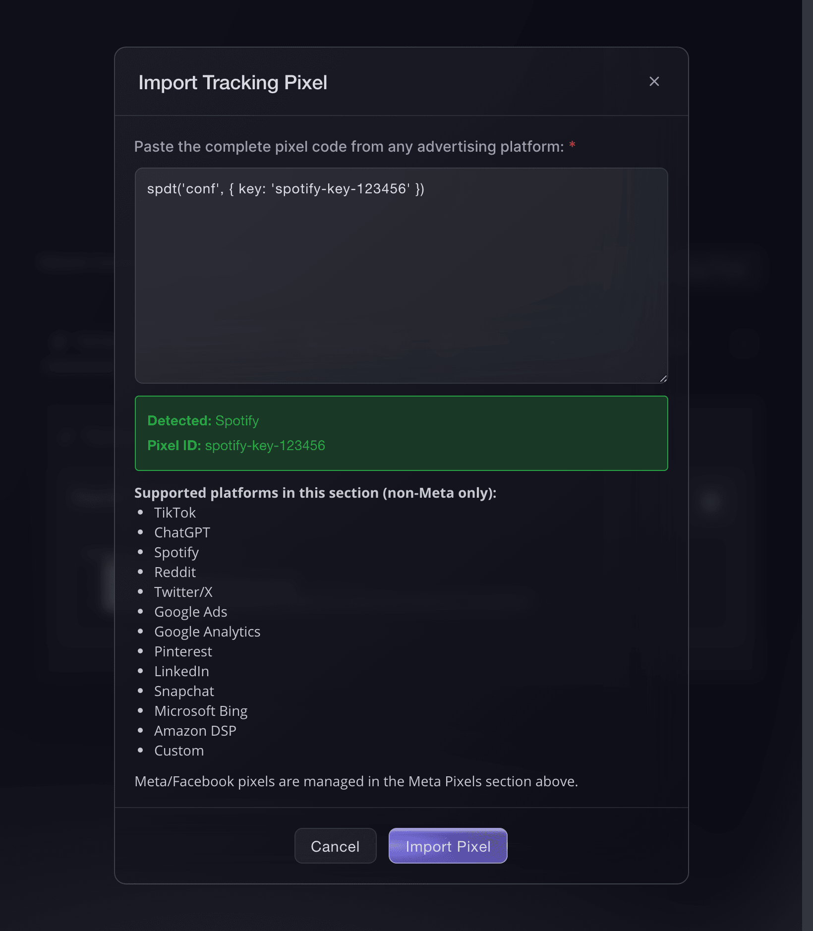 The Import Tracking Pixel dialog in Ticket Fairy after it detects Spotify and its pixel ID