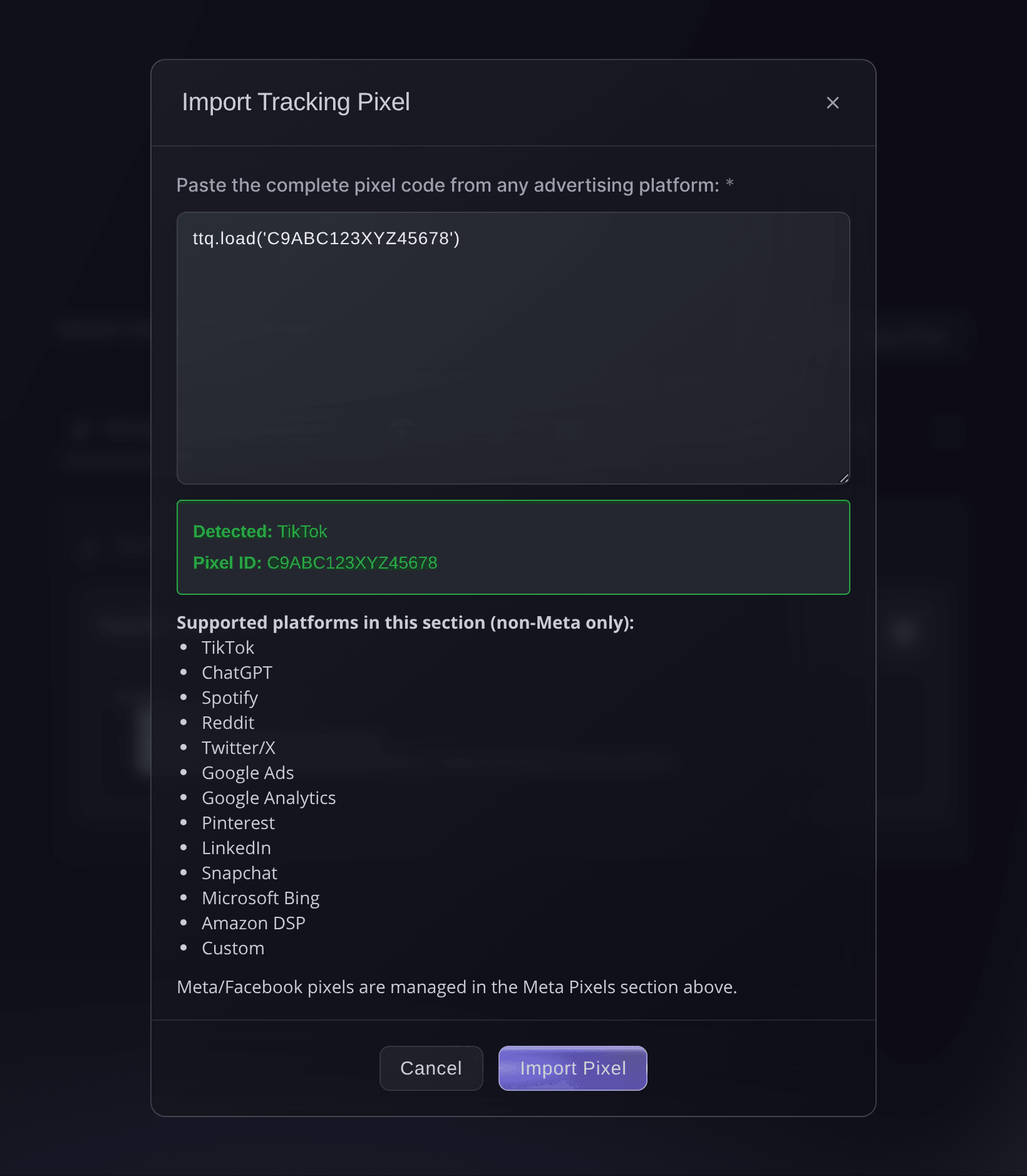 The Import Tracking Pixel dialog in Ticket Fairy after it detects TikTok and its pixel ID
