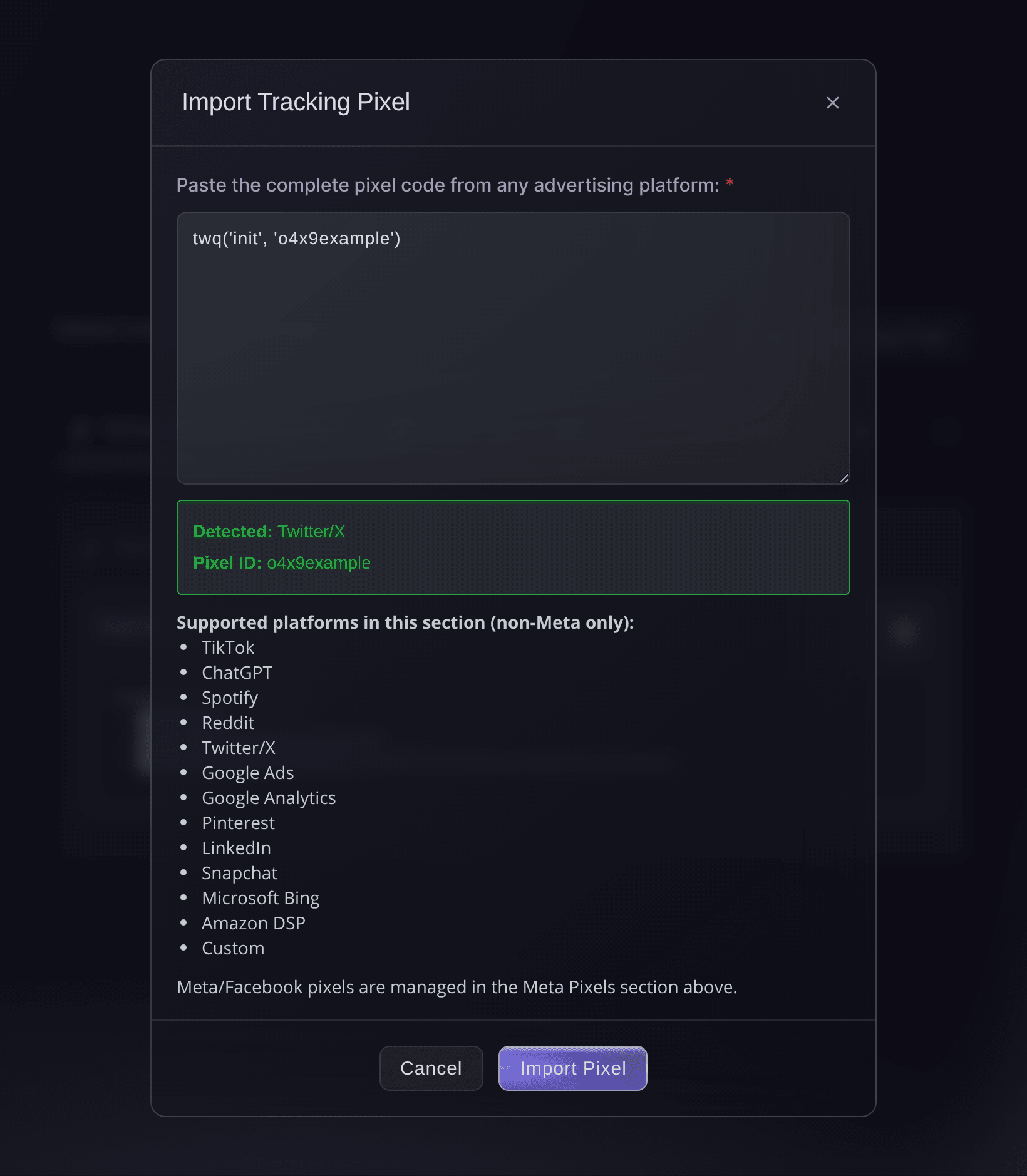 The Import Tracking Pixel dialog in Ticket Fairy after it detects X and its pixel ID