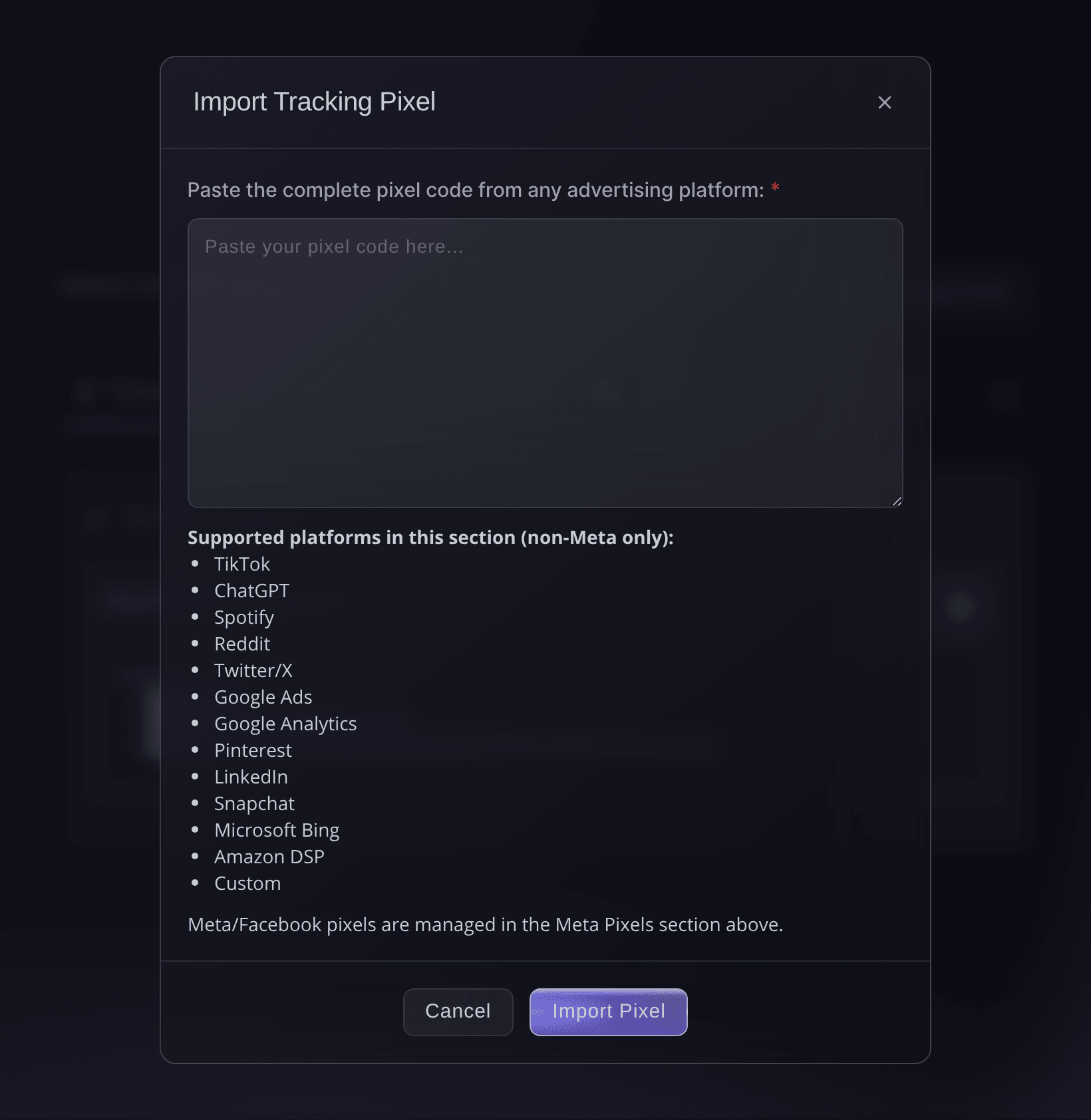 The Import Tracking Pixel dialog in Ticket Fairy before a measurement ID is pasted