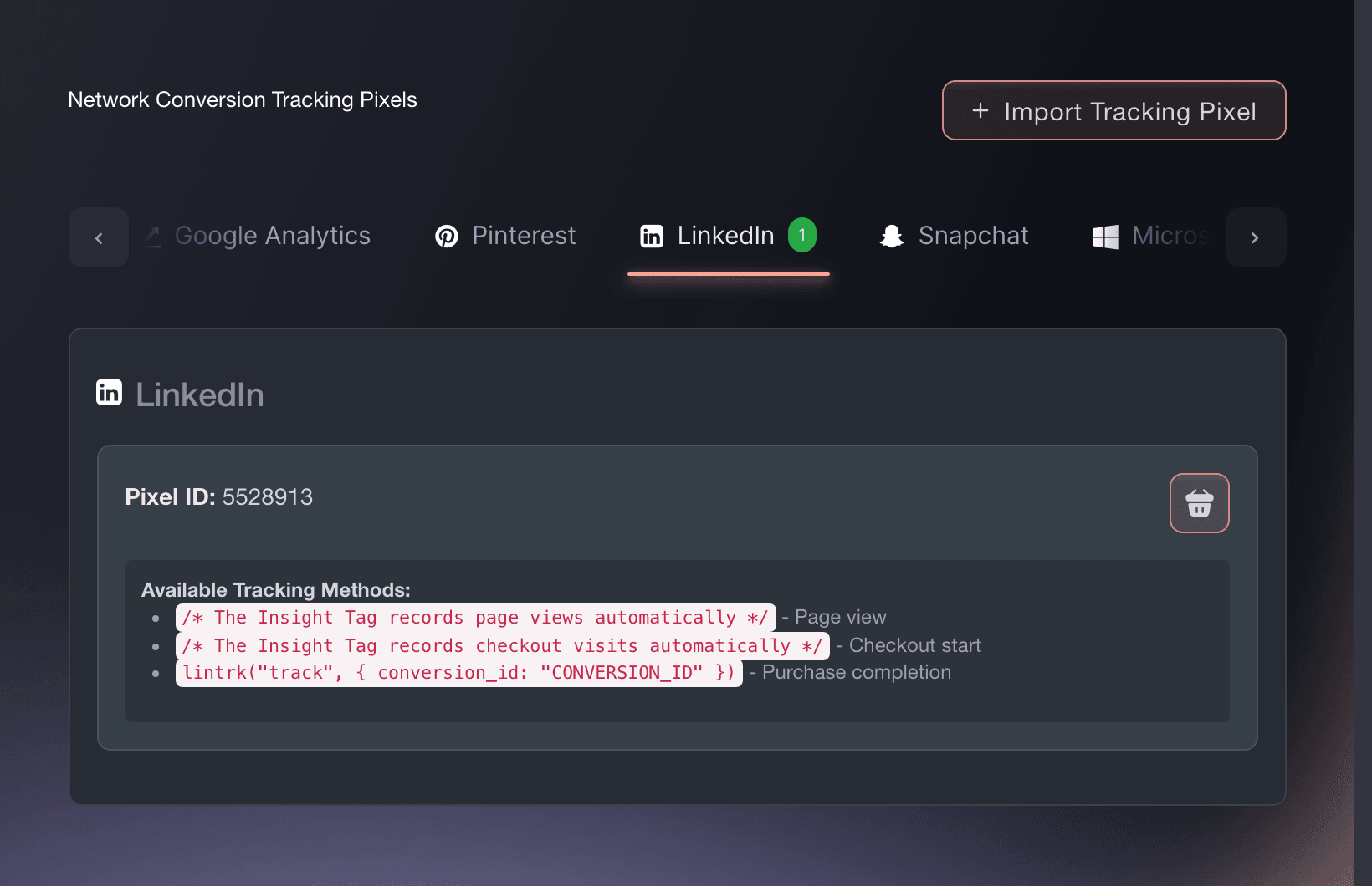 The LinkedIn tab of Network Conversion Tracking Pixels in Ticket Fairy, showing the pixel ID and the tracking calls it fires