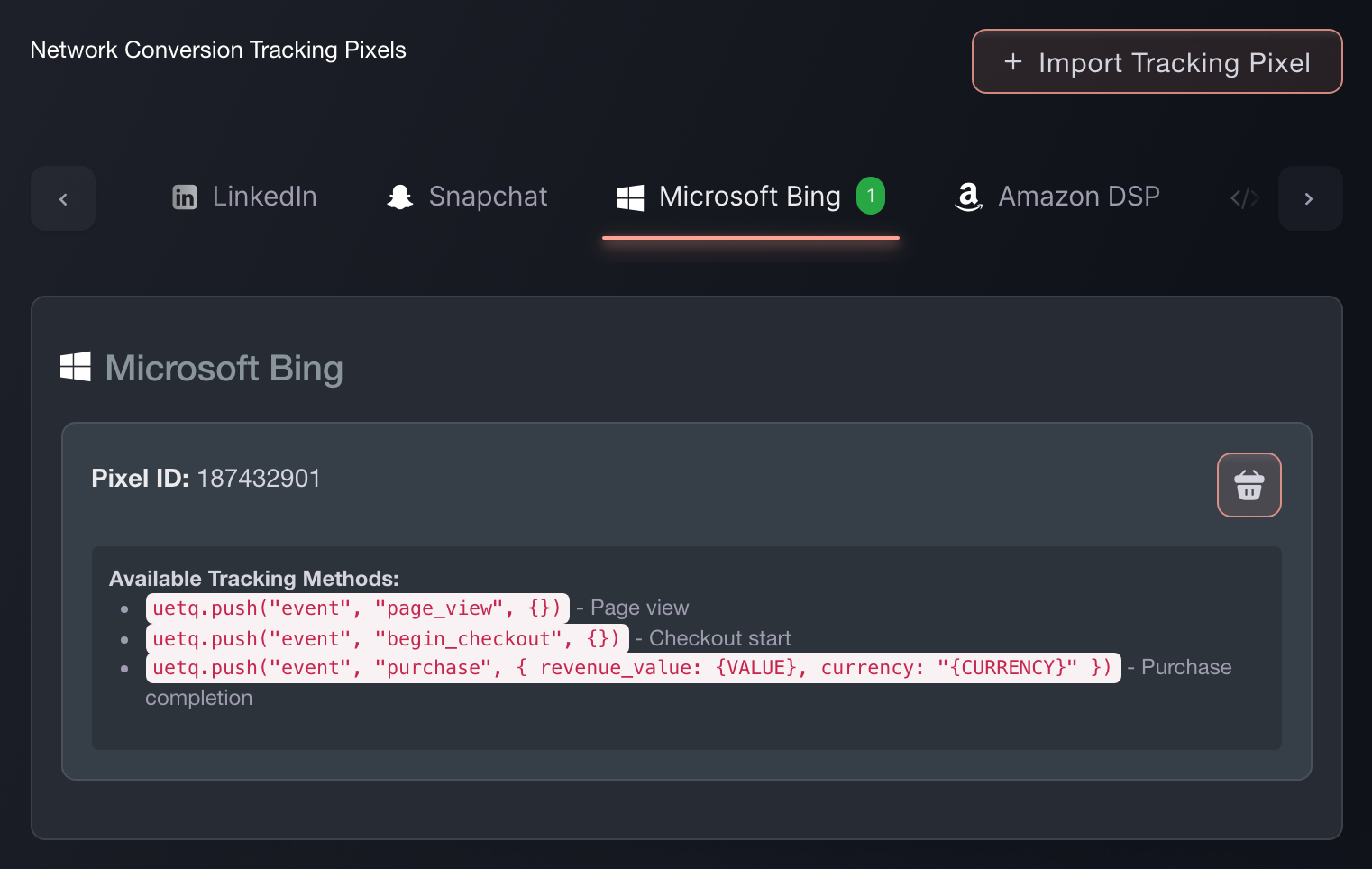 The Microsoft Bing tab of Network Conversion Tracking Pixels in Ticket Fairy, showing the pixel ID and the tracking calls it fires