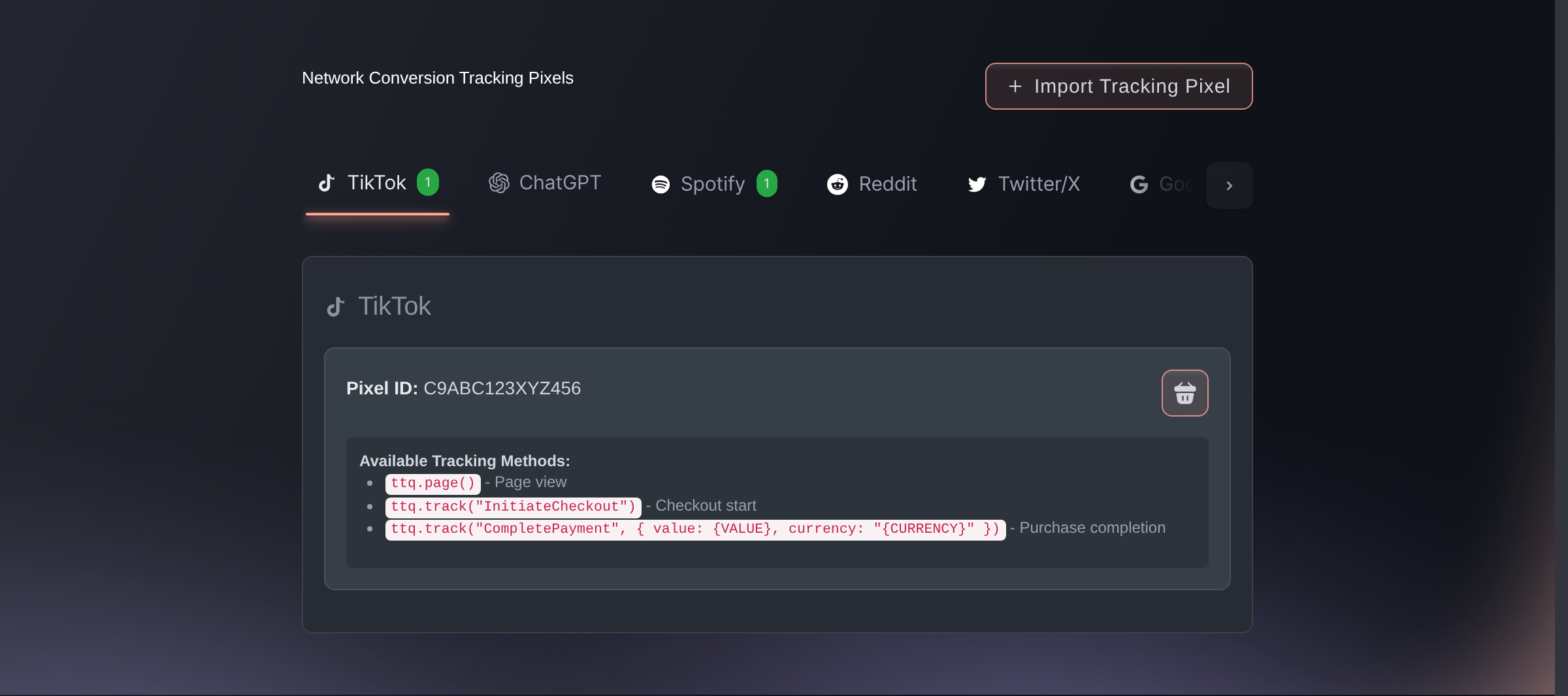 The Network Conversion Tracking Pixels panel in Ticket Fairy, with a tab for each advertising network
