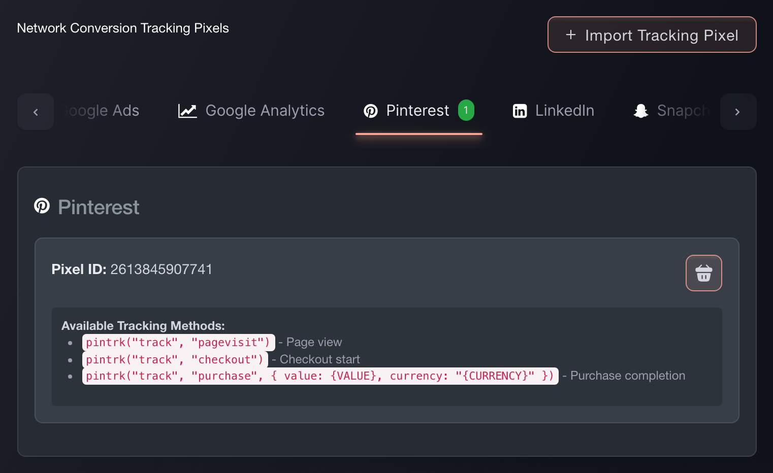 The Pinterest tab of Network Conversion Tracking Pixels in Ticket Fairy, showing the pixel ID and the tracking calls it fires