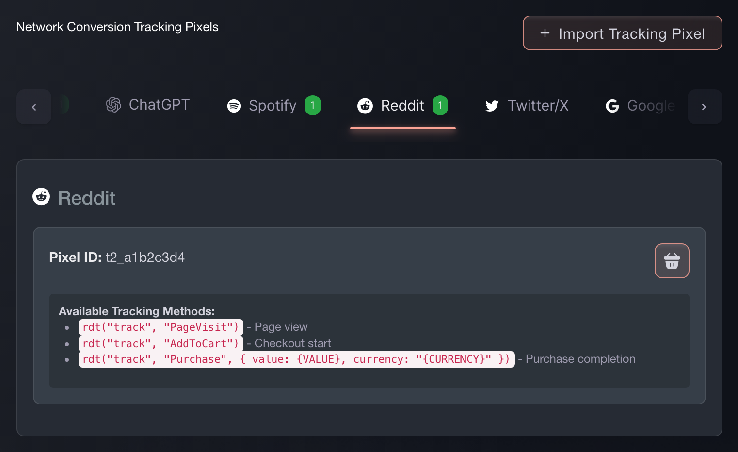 The Reddit tab of Network Conversion Tracking Pixels in Ticket Fairy, showing the pixel ID and the tracking calls it fires
