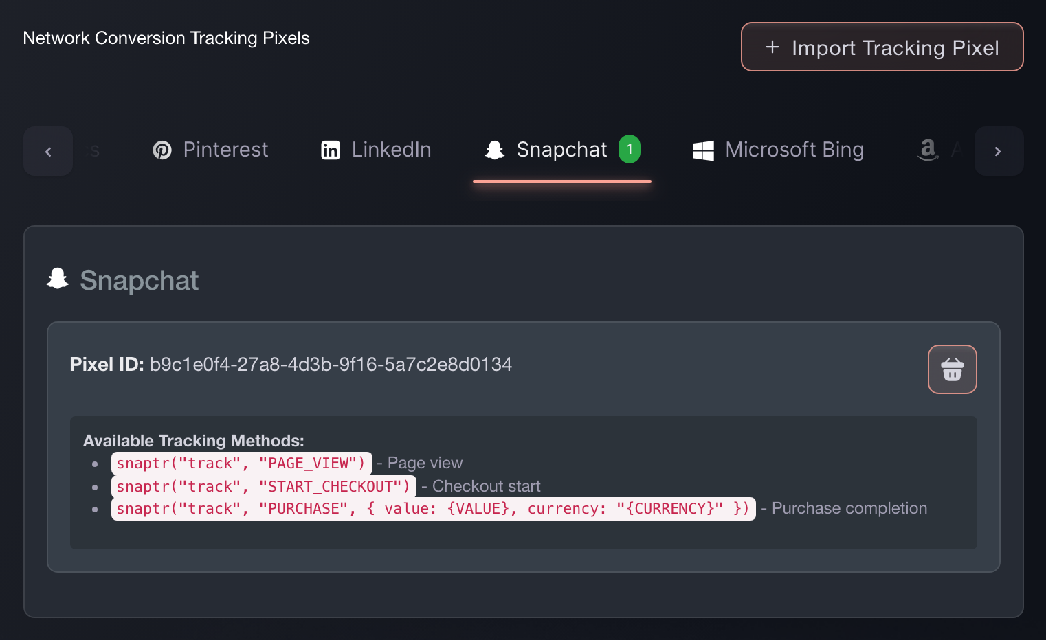 The Snapchat tab of Network Conversion Tracking Pixels in Ticket Fairy, showing the pixel ID and the tracking calls it fires