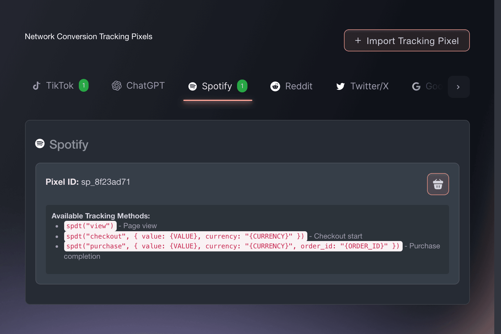 The Spotify tab of Network Conversion Tracking Pixels in Ticket Fairy, showing the pixel ID and the tracking calls it fires