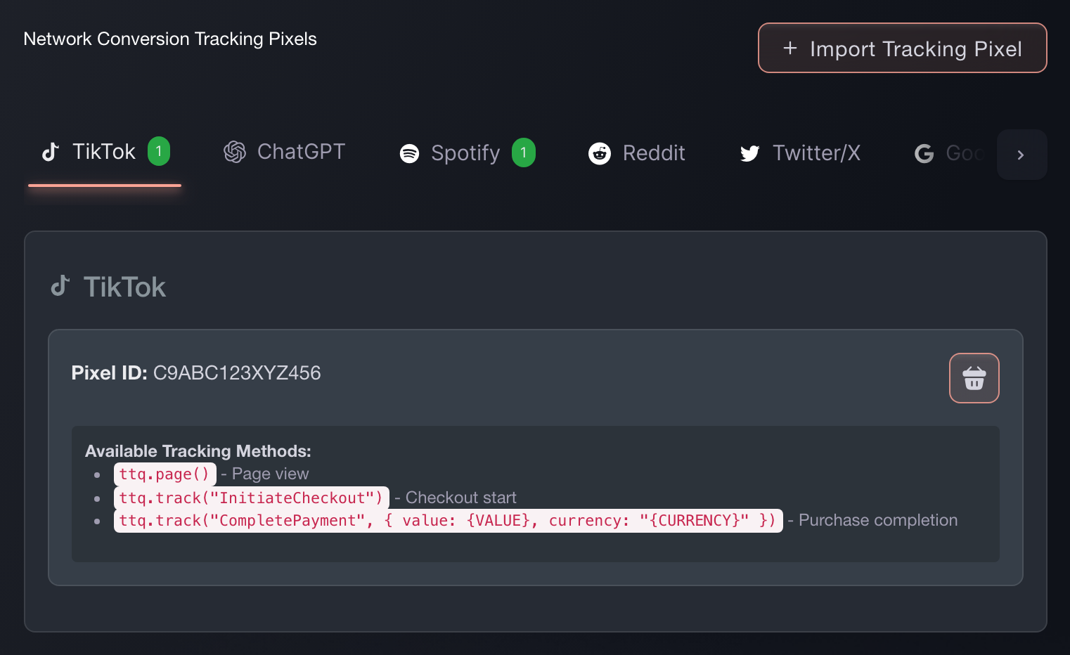The TikTok tab of Network Conversion Tracking Pixels in Ticket Fairy, showing the pixel ID and the tracking calls it fires