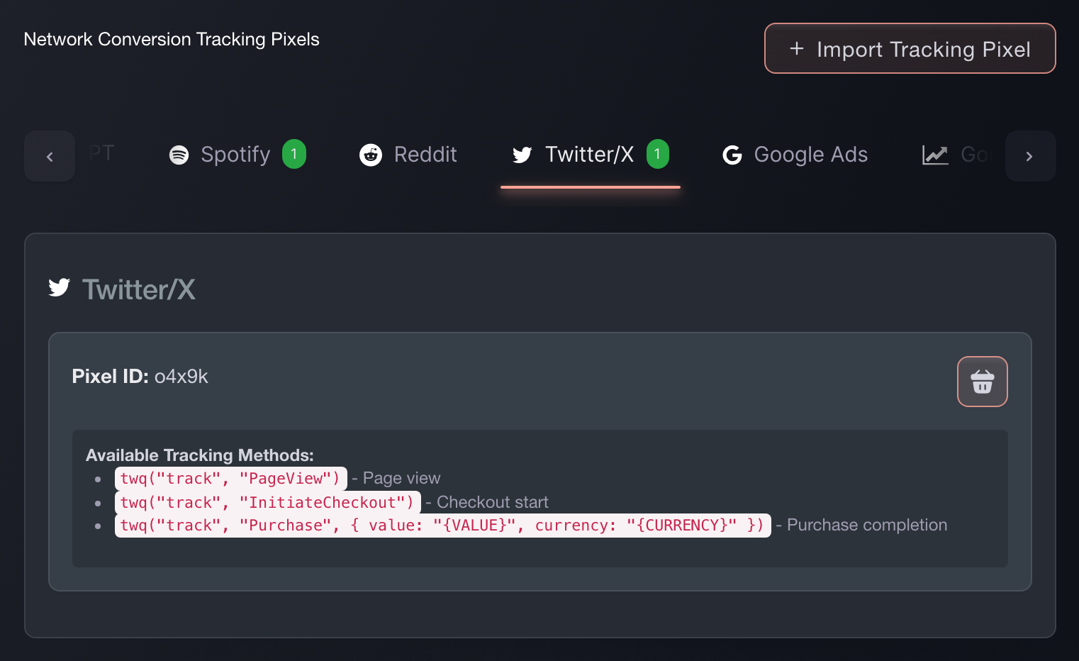 The X tab of Network Conversion Tracking Pixels in Ticket Fairy, showing the pixel ID and the tracking calls it fires