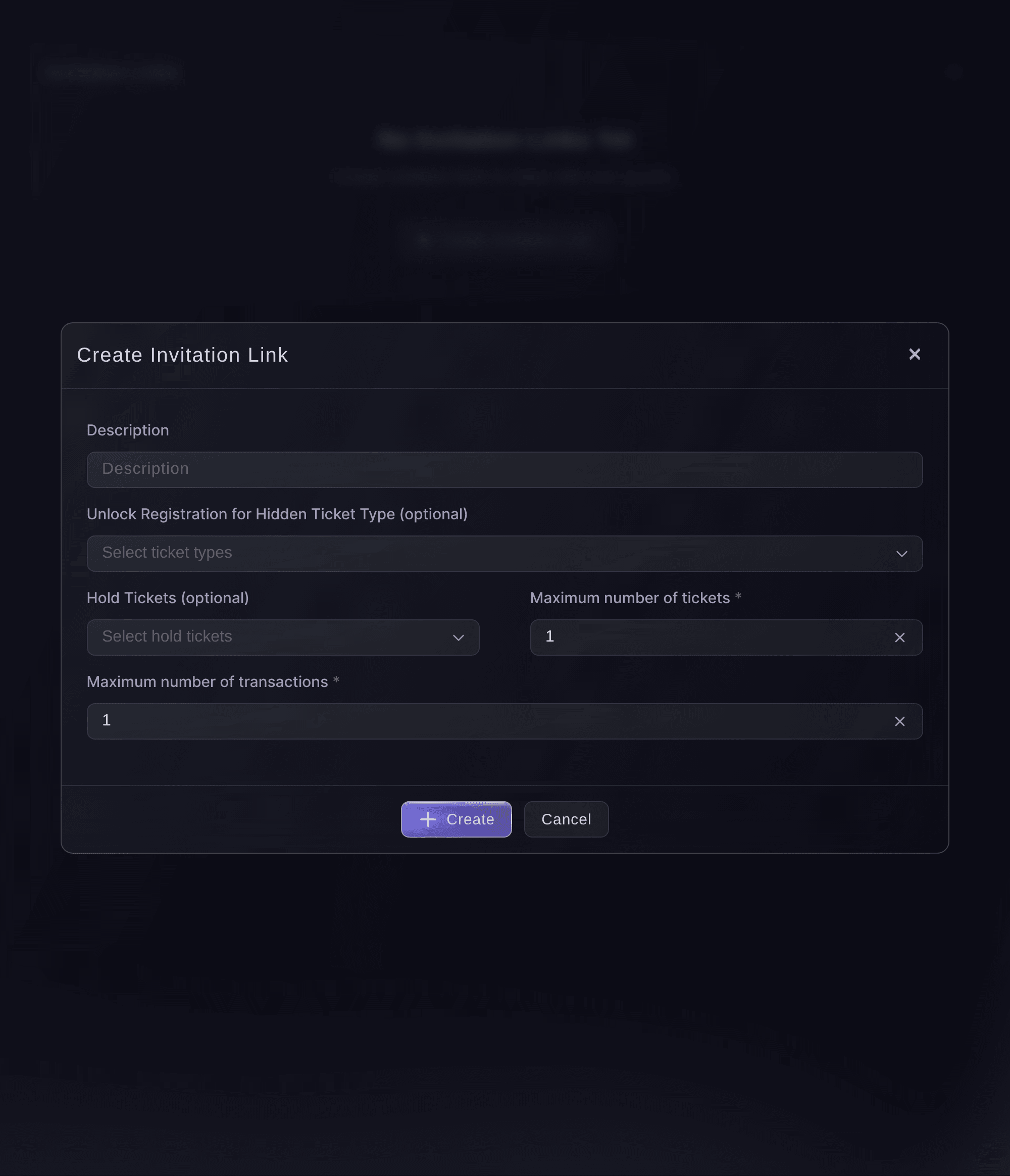 Ticket Fairy Create Invitation Link dialog with description, hidden ticket, hold and limit fields